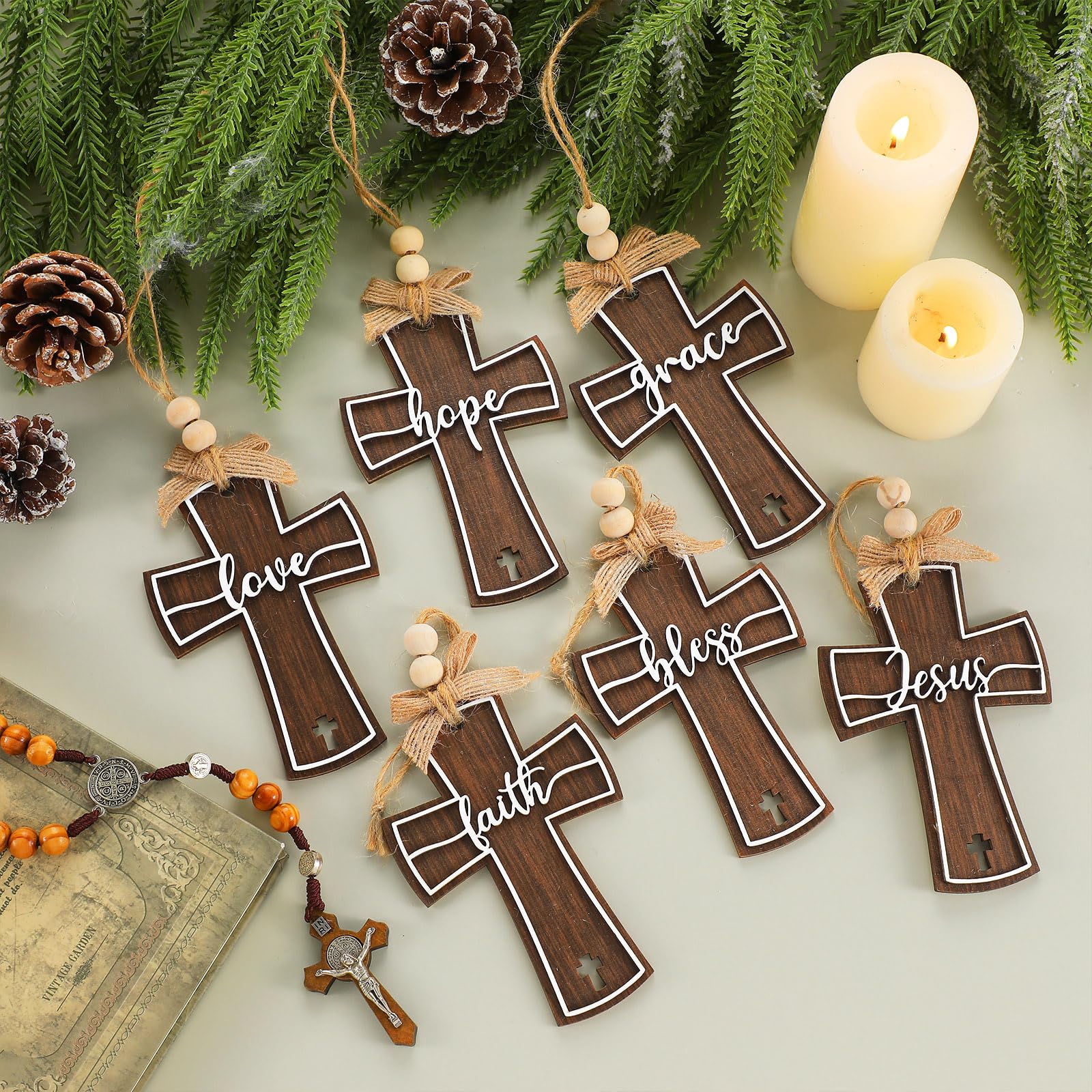 Vercraft 24 Pcs Christmas Wooden Cross Ornaments for Tree Christian Religious Cross Church Hanging Ornaments Decorations Bulk Fa