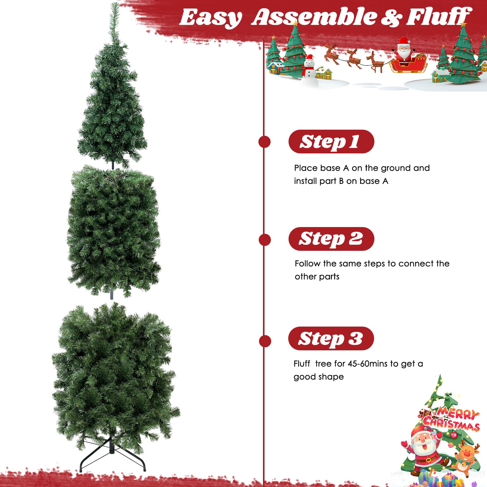 okicoler 4.5ft Pre-lit Pencil Christmas Tree Fir Hinged Slim Corner Xmas Tree Holiday Decoration with 250 Incandescent Warm Whit