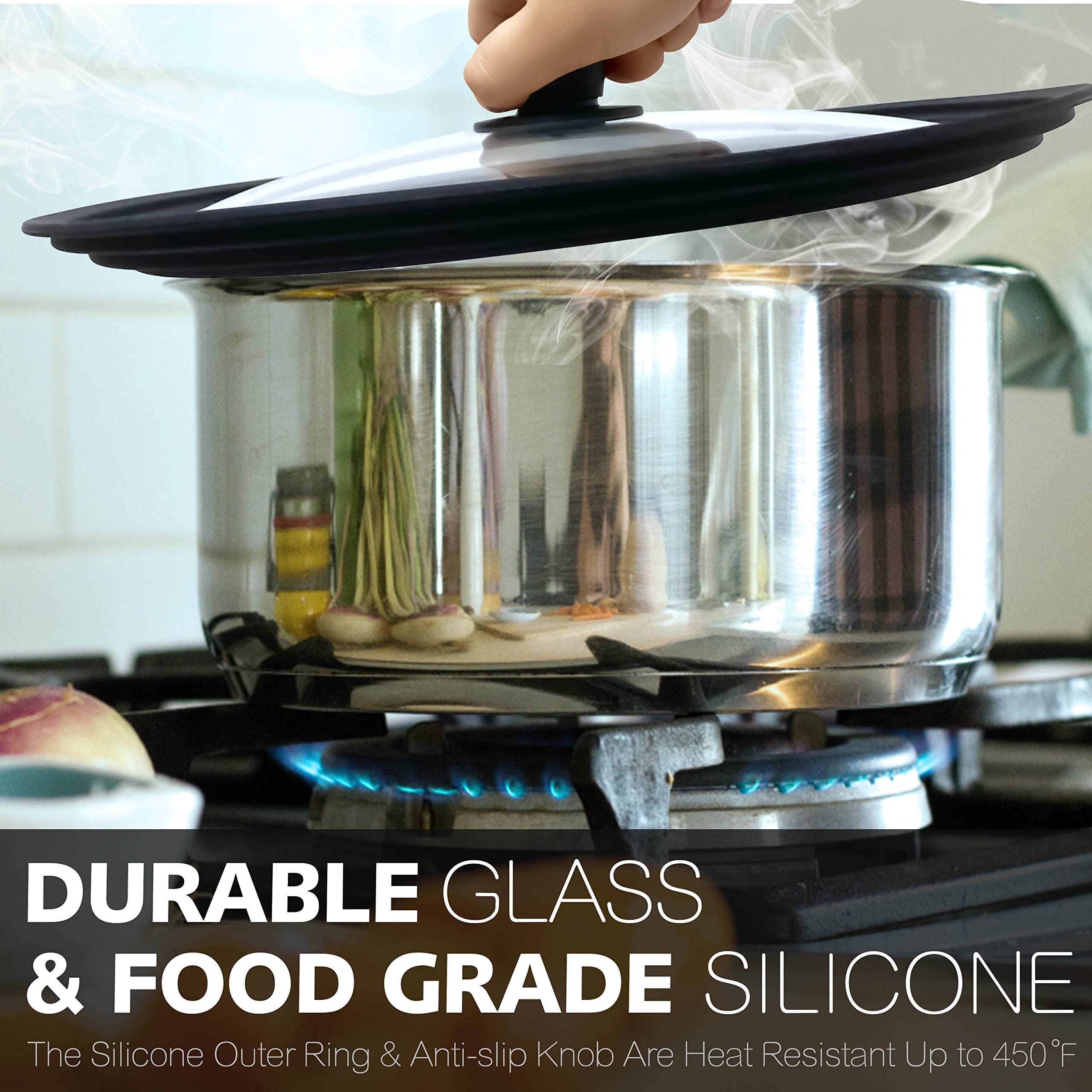 Anaeat Silicone Universal Lid For Pots, Pans And Skillets - Tempered Glass Covered With Heat Resistant Silicone Rim Fits 6, 7 An