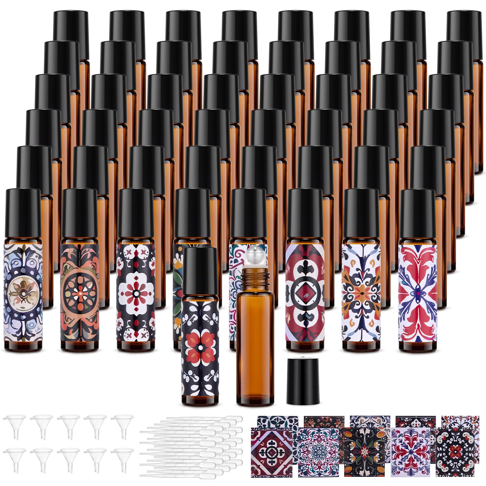 Domensi 50 Pack 10ml Roller Bottles for Essential Oils, Amber Glass