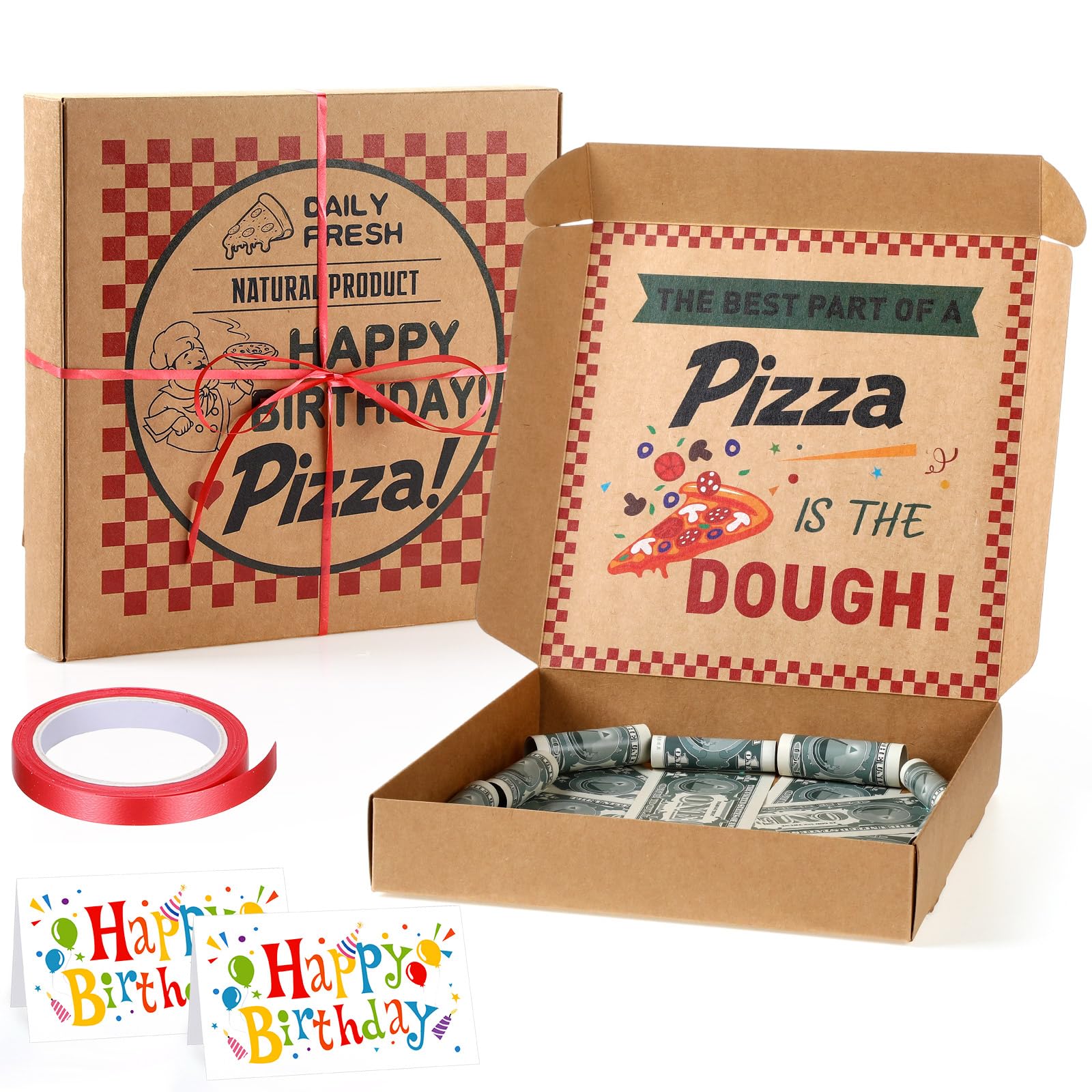 Feifeiya 2 Pcs Birthday Pizza Money Box for Cash Gift 10 x 10 Inch Pizza Boxes Money Holder Fun Gift for Surprise Funny Classic 