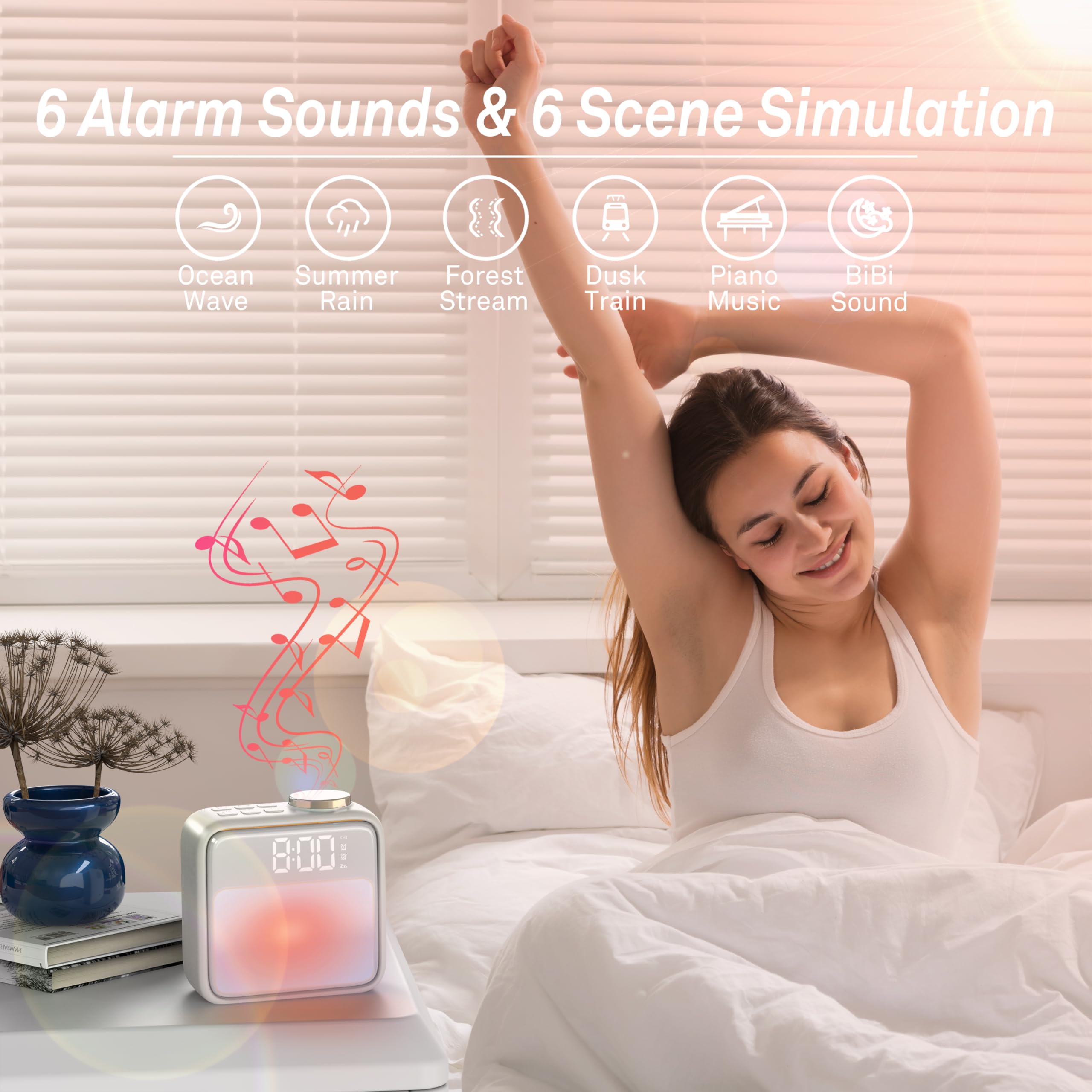 AIRIVO Alarm Clock Night Lights, Built-in Battery Alarm Clock for Bedrooms, 6 Scenes & White Noise Sync, Dual Alarms & Snooze, f