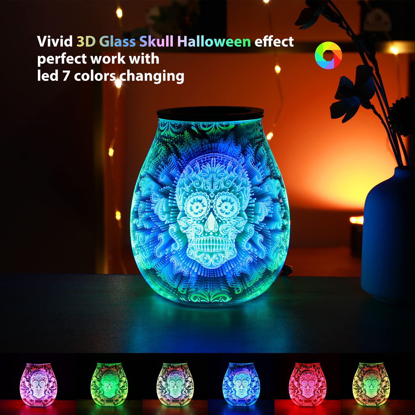 inrorans Skull Halloween 3D Glass Electric Wax Melt Warmer Oil Burner with 7 Colour Cycle Changing LED Light PTC Heating Removab