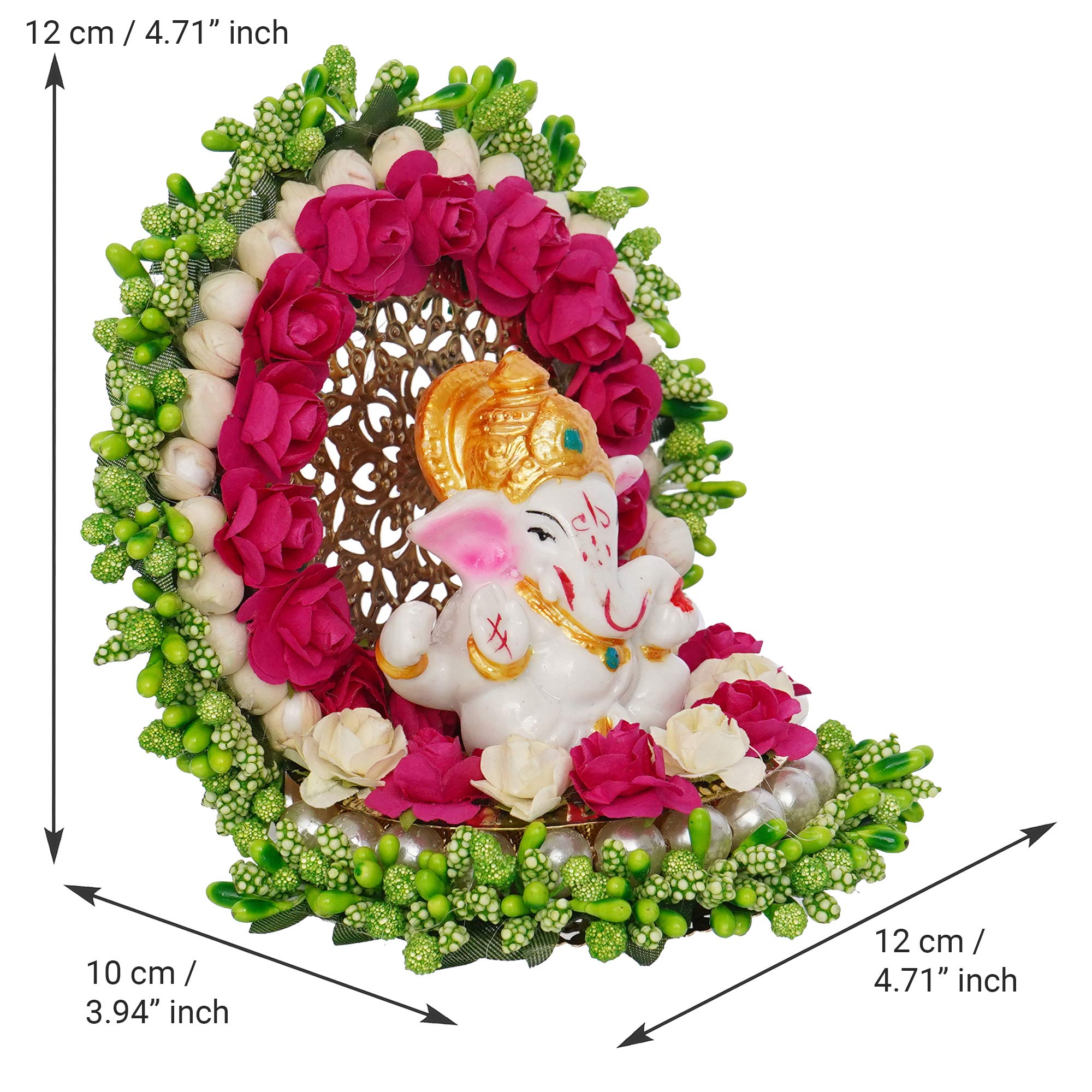 Ecraftindia Resin Lord Ganesha Idol On Decorative Green Pink Floral Plate| Ganesha Idol For Home Decor Car Dashboard| Ganesha St