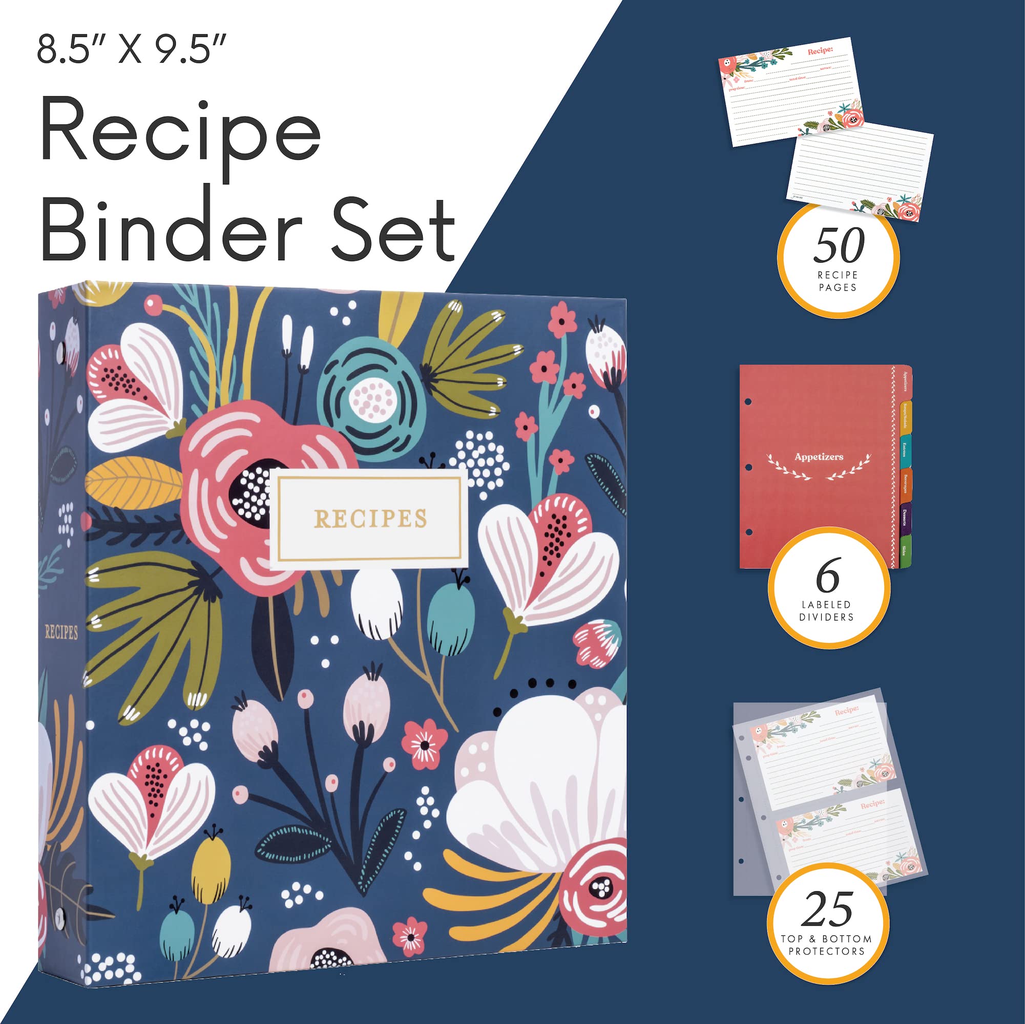 Jot & Mark 3 Ring Recipe Binder with 50 Recipe Cards, 25 Sheet Protectors, 8.5" x 9.5", Garden Floral Design
