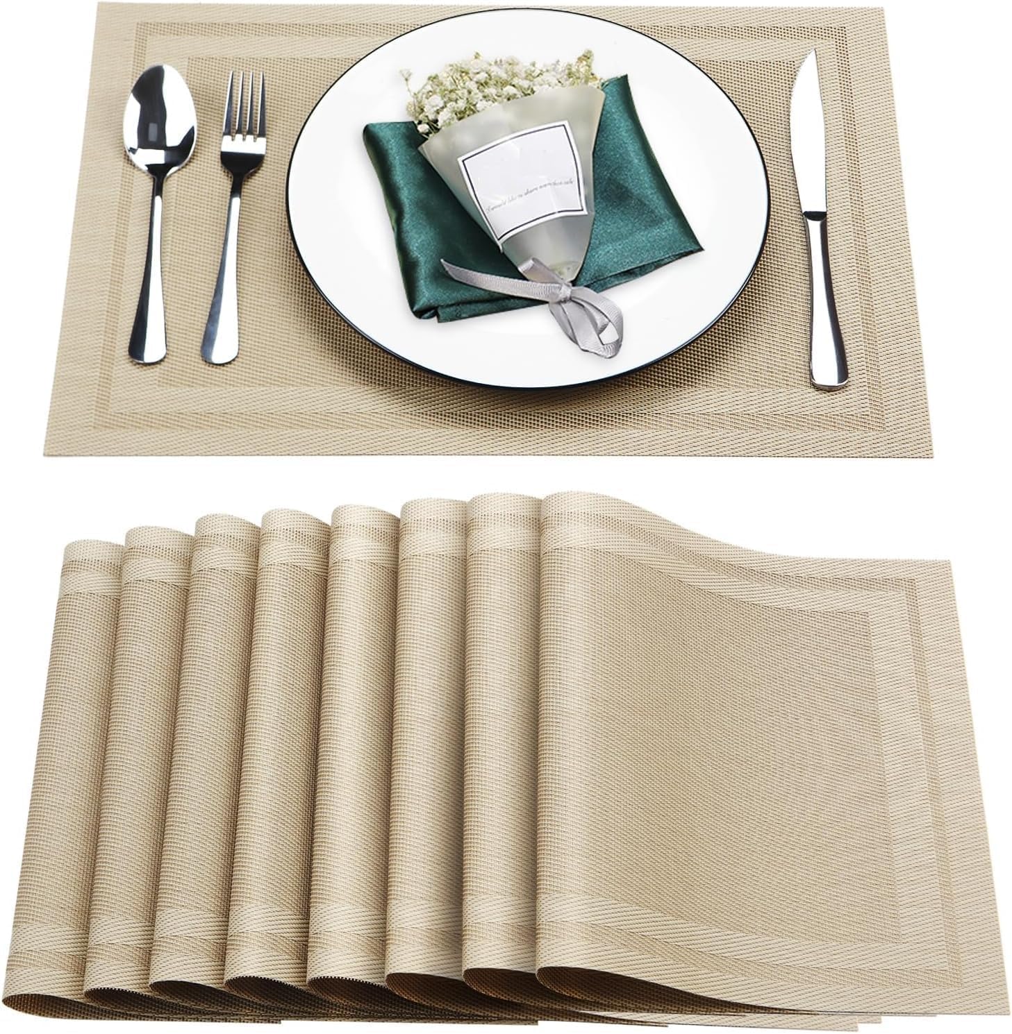 Masent Dining Table Mats 6 Pieces, Washable/Heat And Stain Resistant, Indoor/Outdoor Placemats, Pvc Table Placemats (Beige)