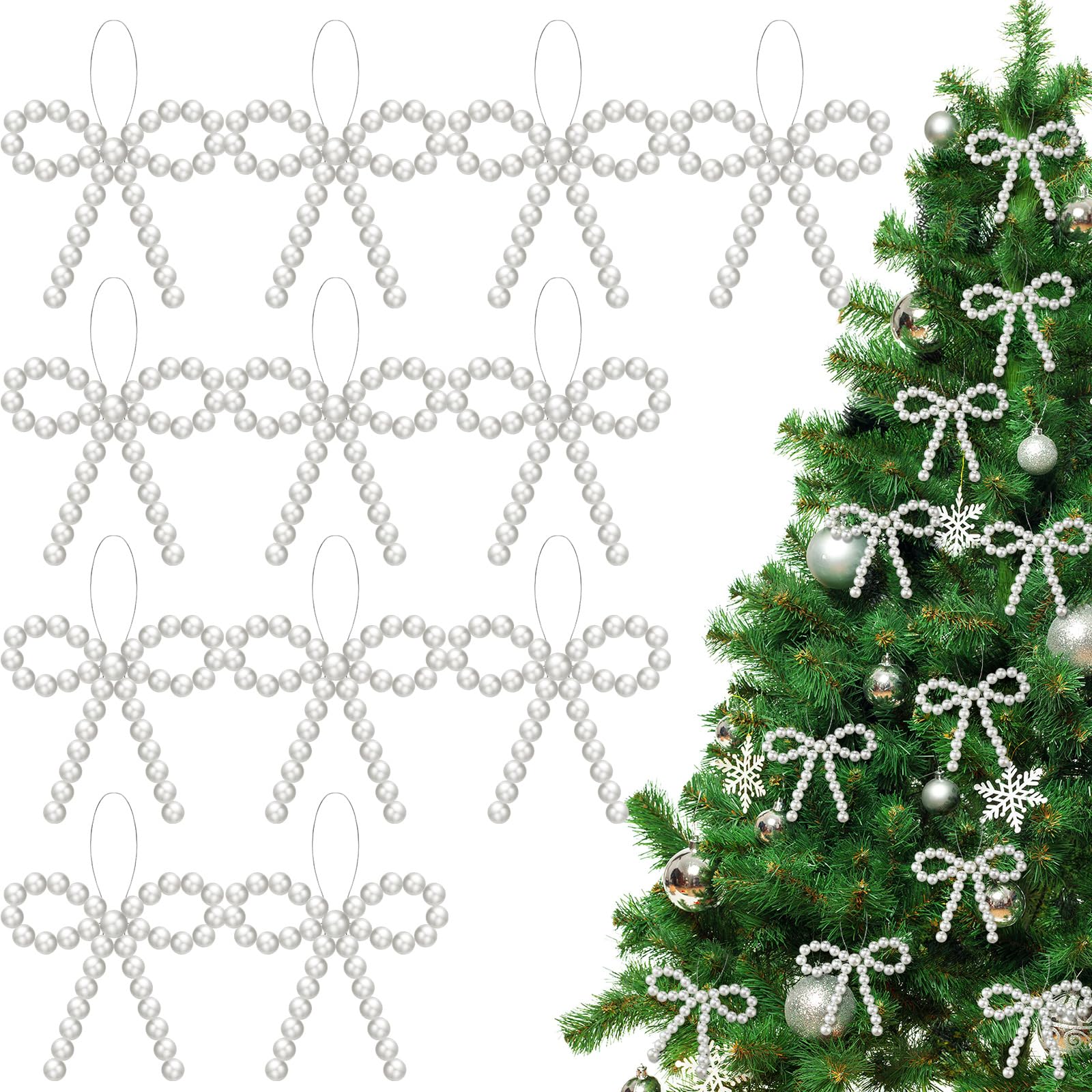 VioraWhite 12 Pcs Pearl Bow Christmas Tree Ornaments - Christmas Tree Bead Bow Hanging Ornaments for Xmas Party Crafts, Wreaths,