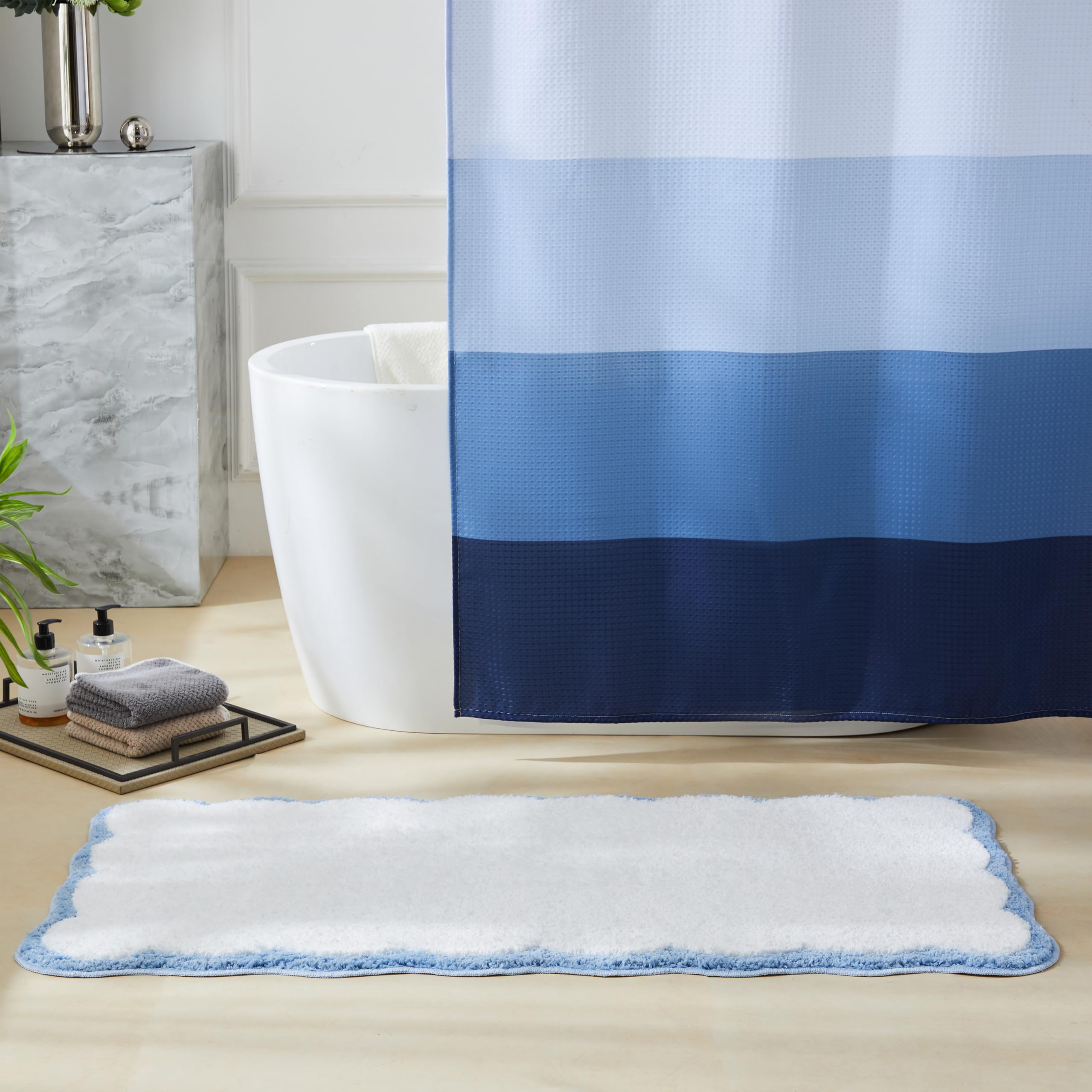 Ohocut Luxury Microfiber Scalloped Runner Rug, Sage Green Scalloped Piping White Long Bathroom Rug Cute Aesthetic Bath Mat For B