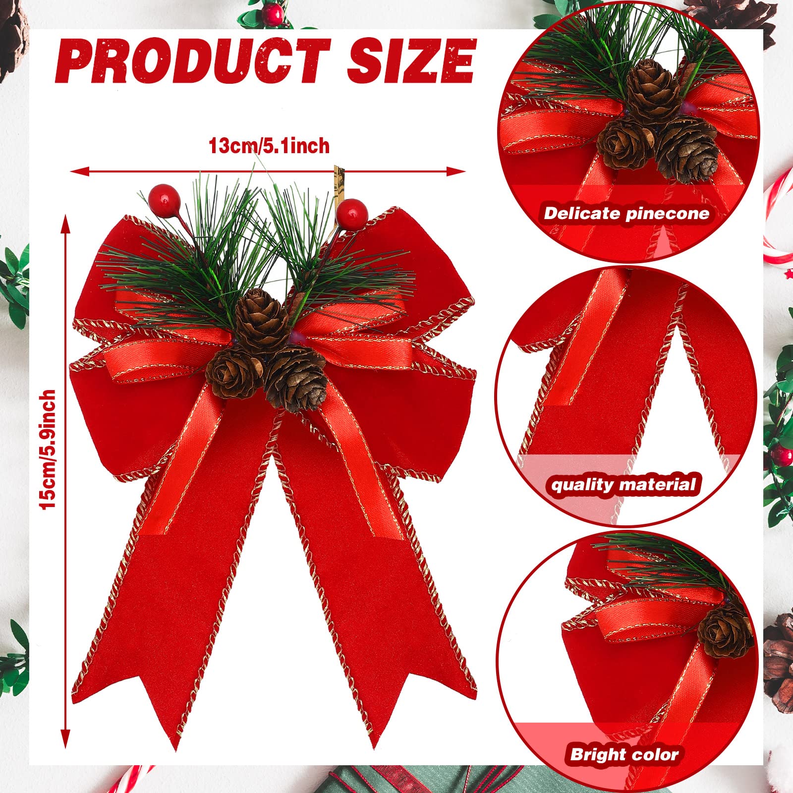 Syhood 6 Pcs Christmas Bows with Pine Cones Pine Needles Xmas Velvet Bows Red Ribbon Christmas Tree Wreath Decoration for Xmas P