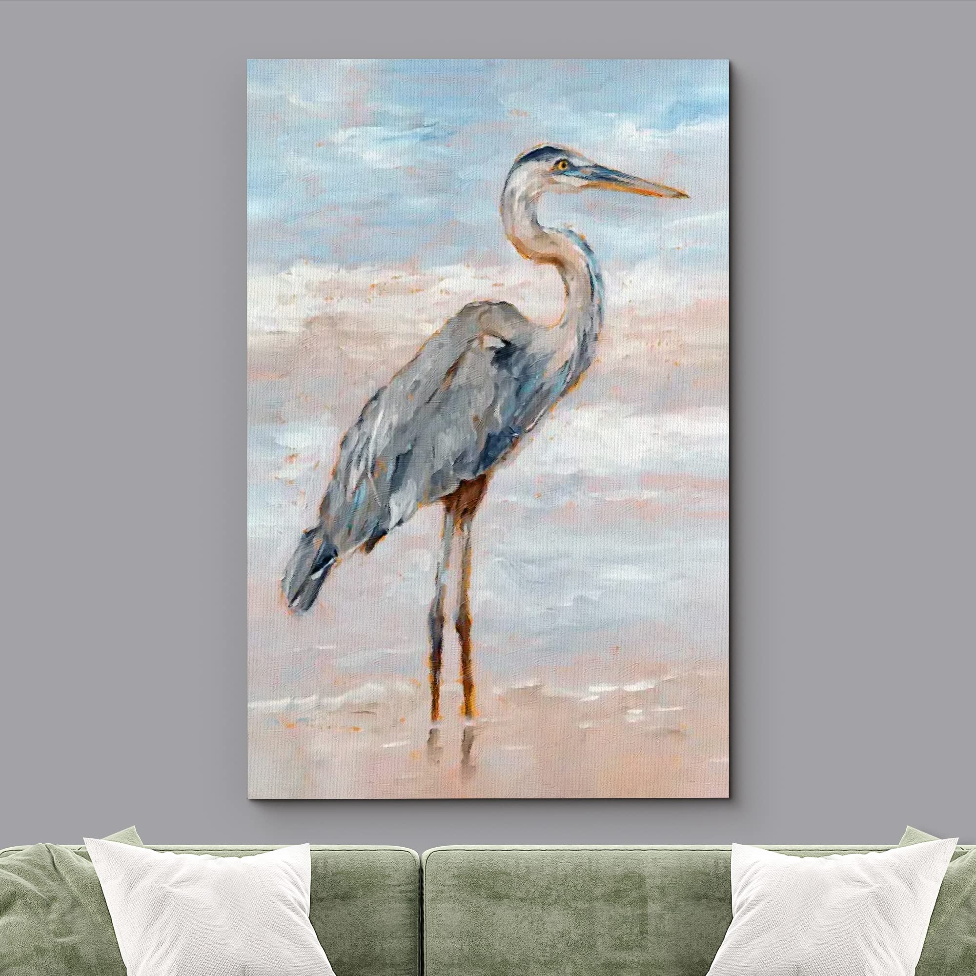 Wall26 Canvas Print Wall Art Pastel Sky Beach Shore Wave Crane Bird Nature Wilderness Illustrations Modern Art Decorative Multic