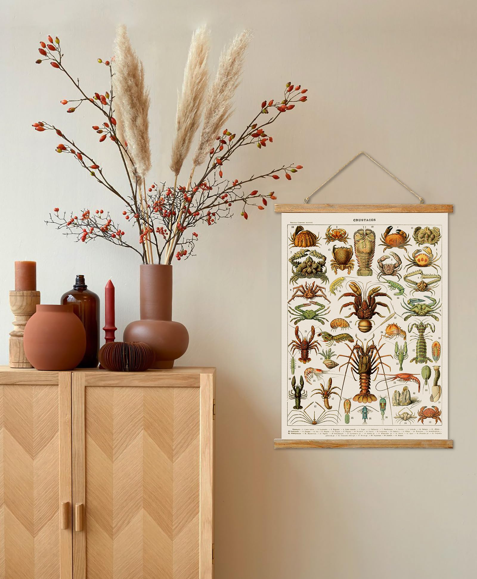 Ovfovy Vintage Crab Poster, Rustic Room Aesthetic, Retro Wall Art Prints Without Fading, Printed On Linen With Wood Frames, Read
