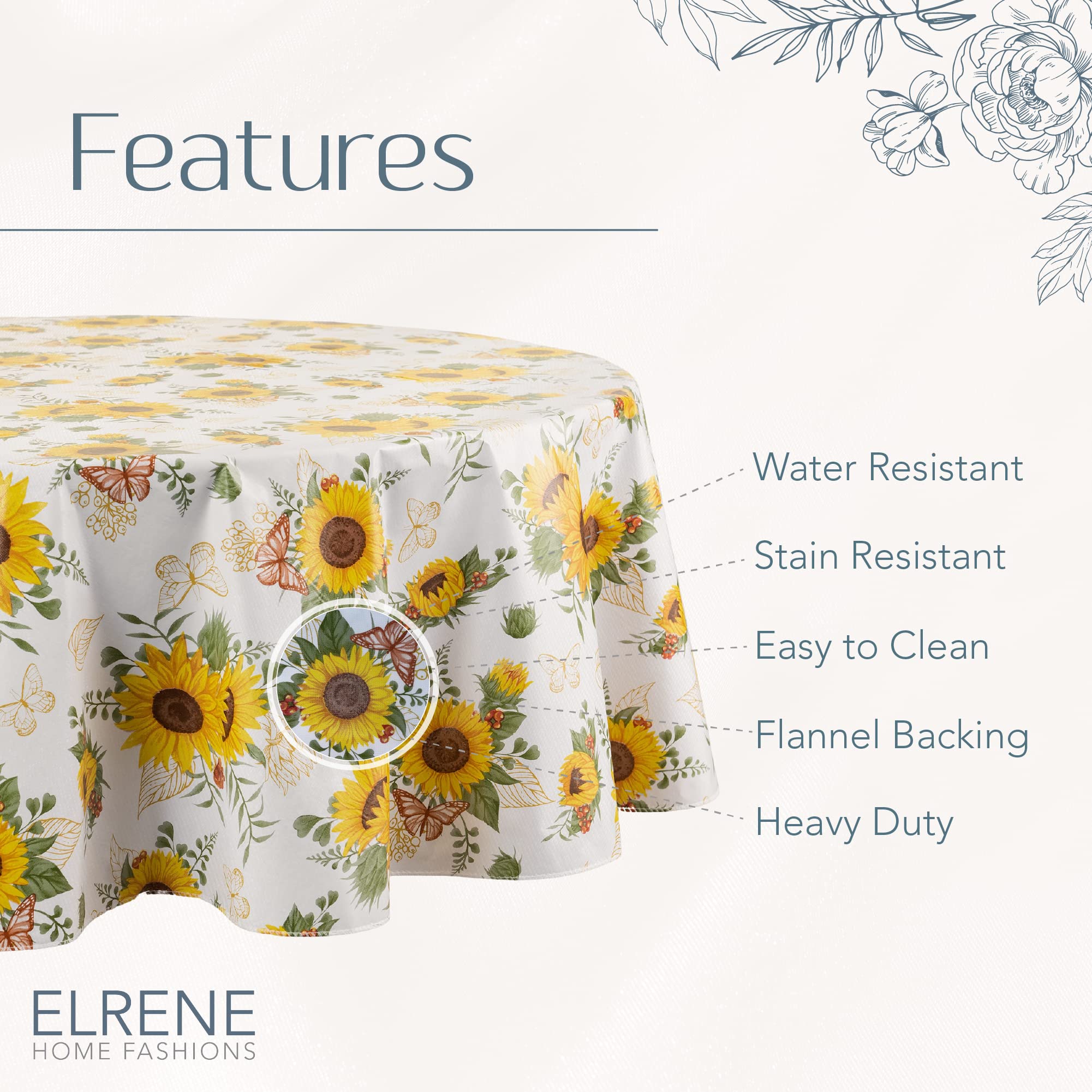 Elrene Home Fashions Sunflower Season Vintage Floral Water- And Stain-Resistant Vinyl Tablecloth With Flannel Backing, 70 Inches