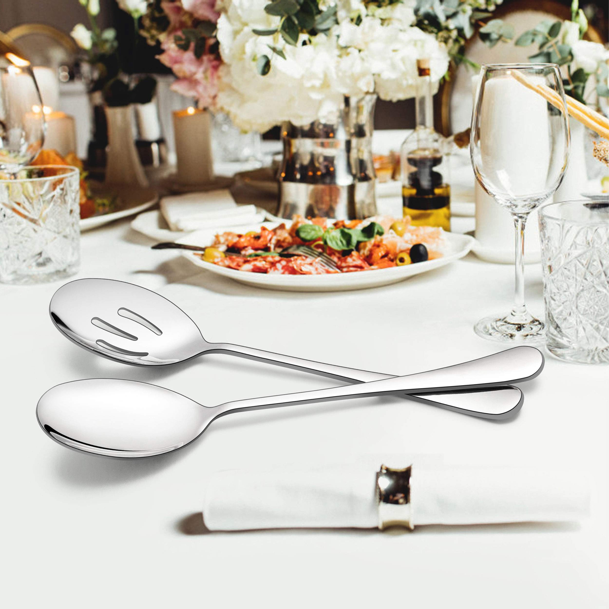 Lianyu 6 Pack Serving Spoons Set, 3 Large Serving Spoons, 3 Slotted Serving Spoons, Stainless Steel Buffet Dinner Restaurant Ser