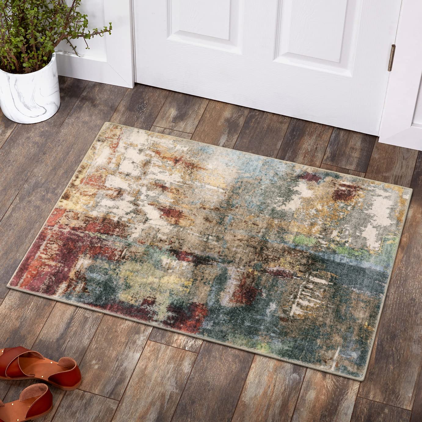 Lahome Modern Abstract Area Rug - 2x3 Washable Small Entryway Rug Kitchen Sink Mat Contemporary Faux Wool Non-Slip Soft Floor In