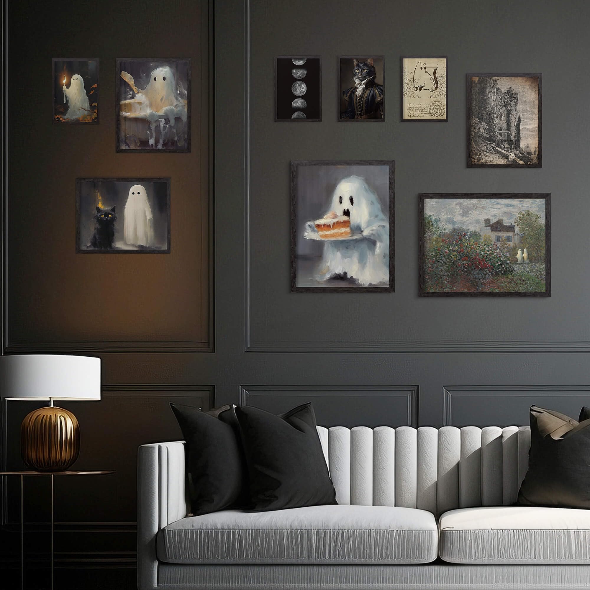 Putuo Decor Ghost Decor, 9Pcs Ghost Prints Wall Art Funny Black Cat Ghost Canvas Wall Decor, Dark Academia Room Decor, Creepy Ba