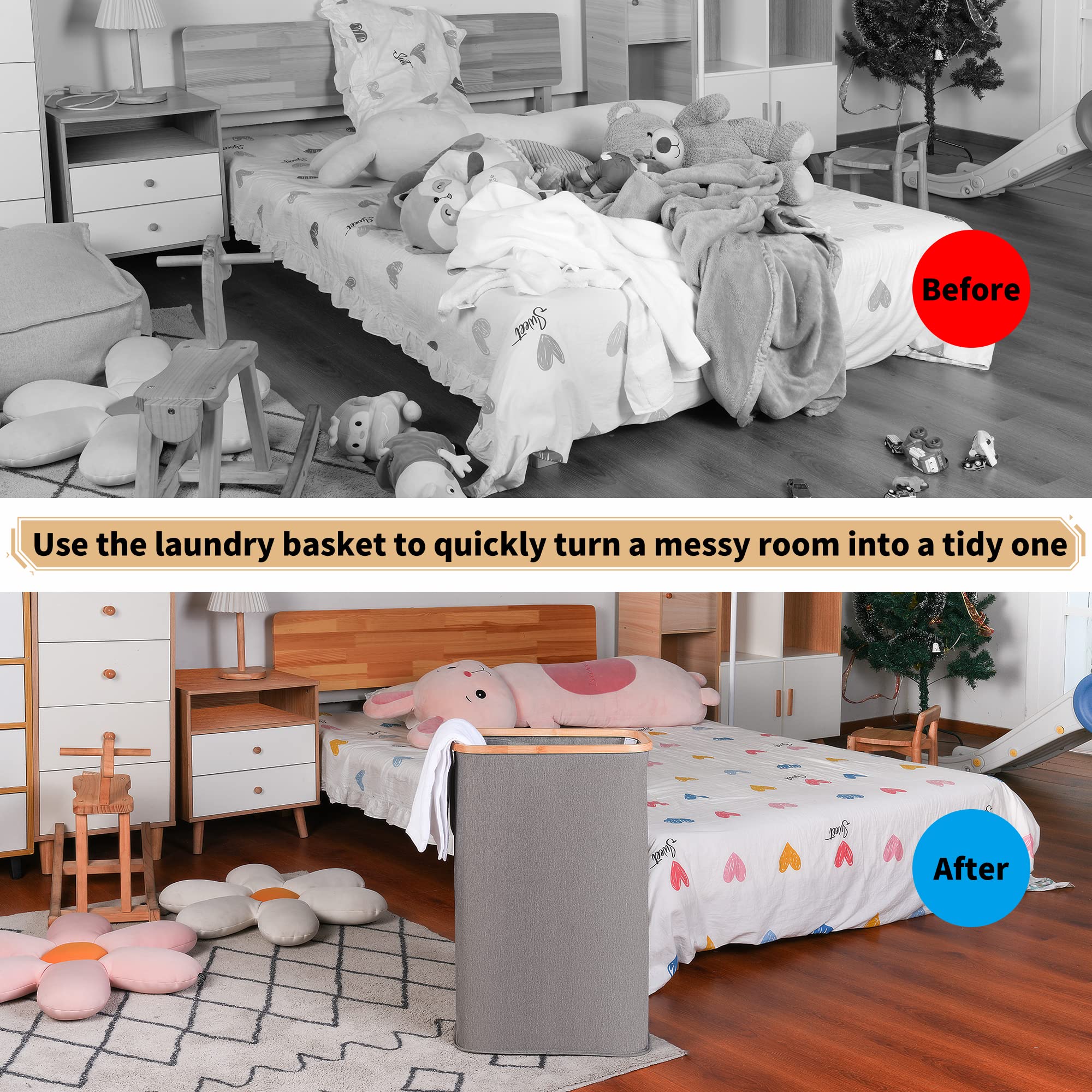 Iegrow Slim Laundry Hamper, 60L Narrow Laundry Basket With Lid,Foldable Clothes Hamper With Bamboo Handles,Hamper Basket With Re