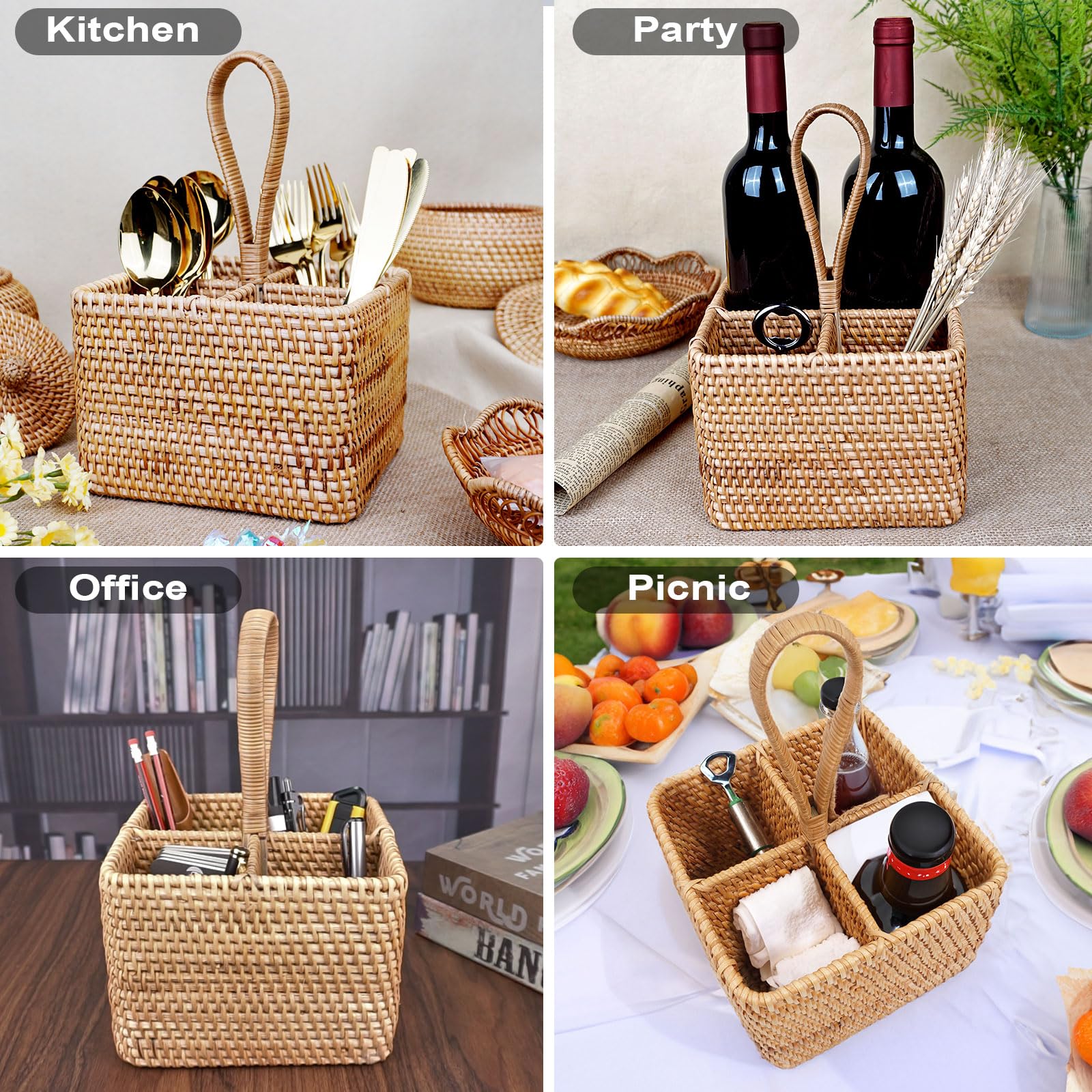 Natural Wicker Utensil Caddy With Built-In Handles