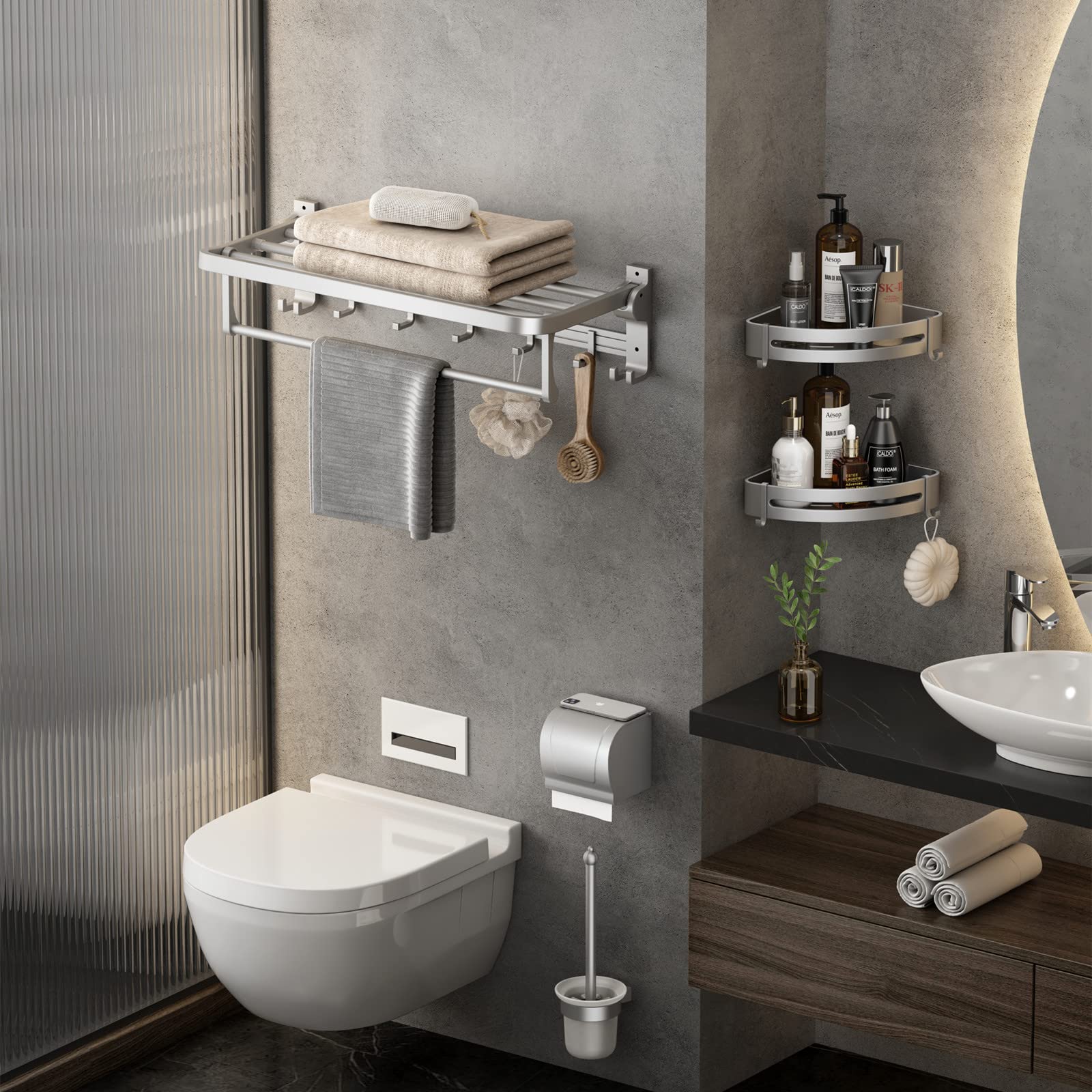 24 Inch Towel Rack with Towel Bar Holder Foldable Towel Shelf with Movable Hooks Rustproof Towel Storage Wall Mount for Bathroom Lavatory Silver