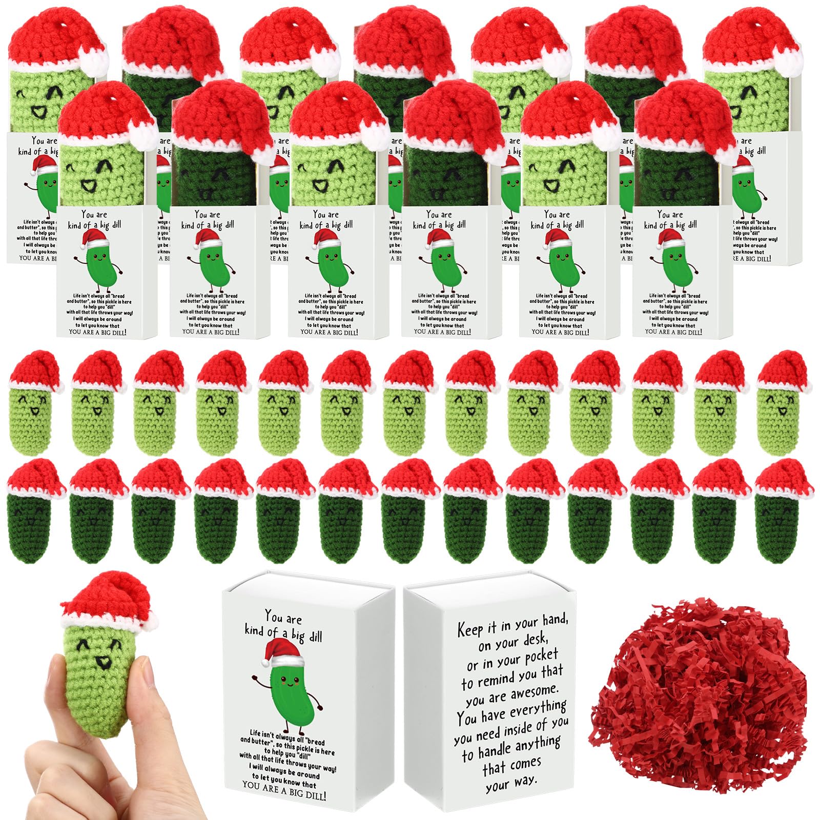 Wettarn 10 Sets Christmas Pickle Cucumber Gifts Pocket Hug Token Bulk Crocheted Cucumber with Box Positive Encourage Gifts for X