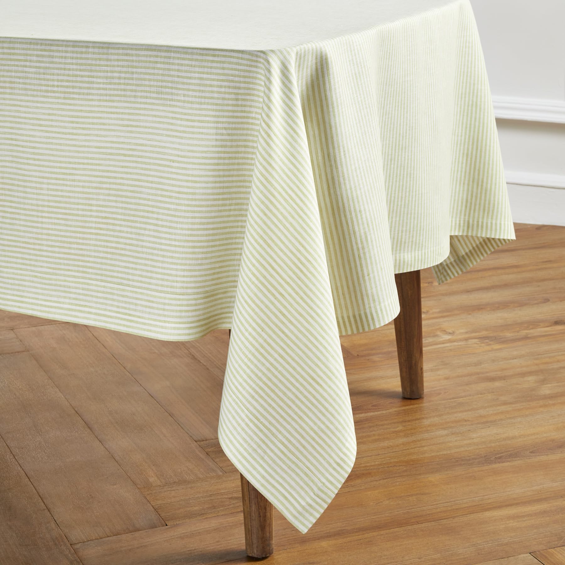 Solino Home Stripe Linen Tablecloth - 100% Pure Linen Sage And White Tablecloth 90'' L X 60'' W For Spring, St Patrick'S Day, Ea