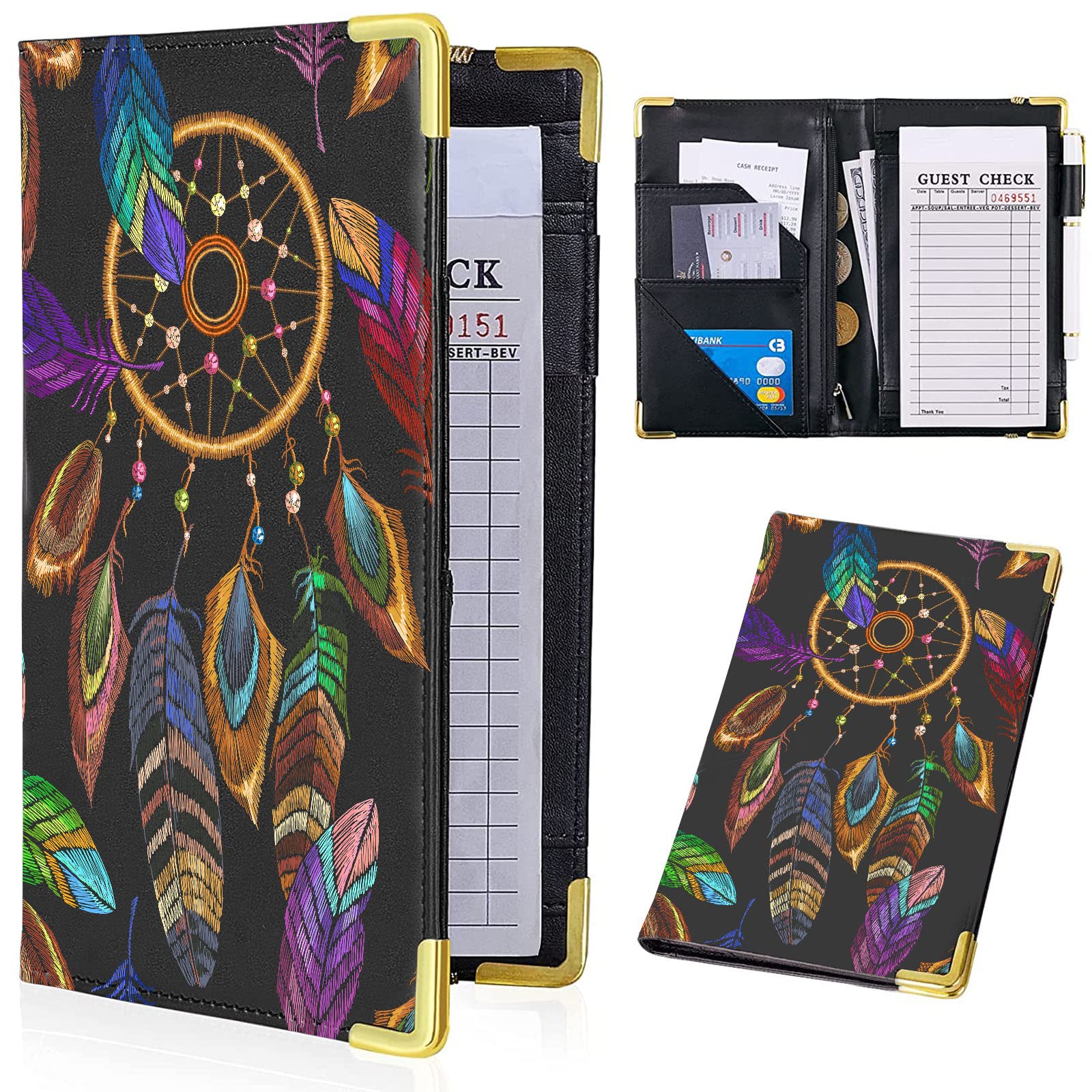 Tucocoo Server Book, Dream Catcher Waitress Book, Native American Style Server Books Cute Waiter Book With Zipper Pocket, Leathe