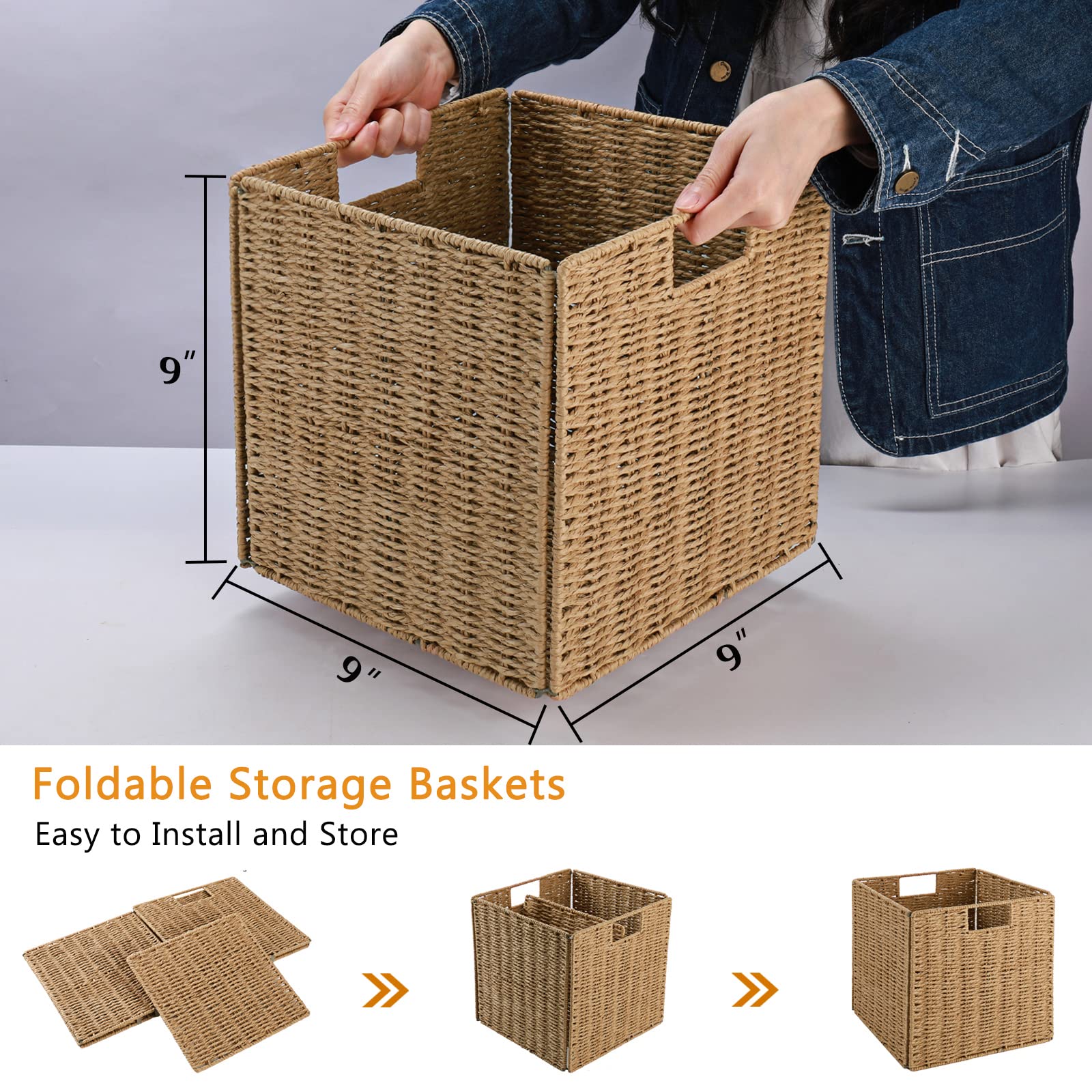 Vagusicc Wicker Storage Basket, Set Of 2 Hand-Woven Storage Baskets For Shelves With Handles Foldable Cube Storage Baskets Bins,