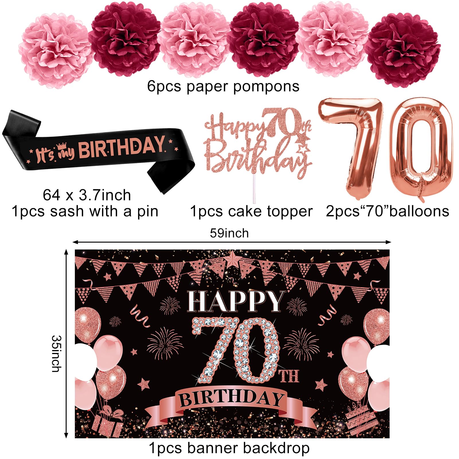42Pcs 70Th Birthday Decoration Kit For Women, Rose Gold Happy 70Th Bday Banner Balloons Honeycomb Centerpiece Swirl Paper Pompom