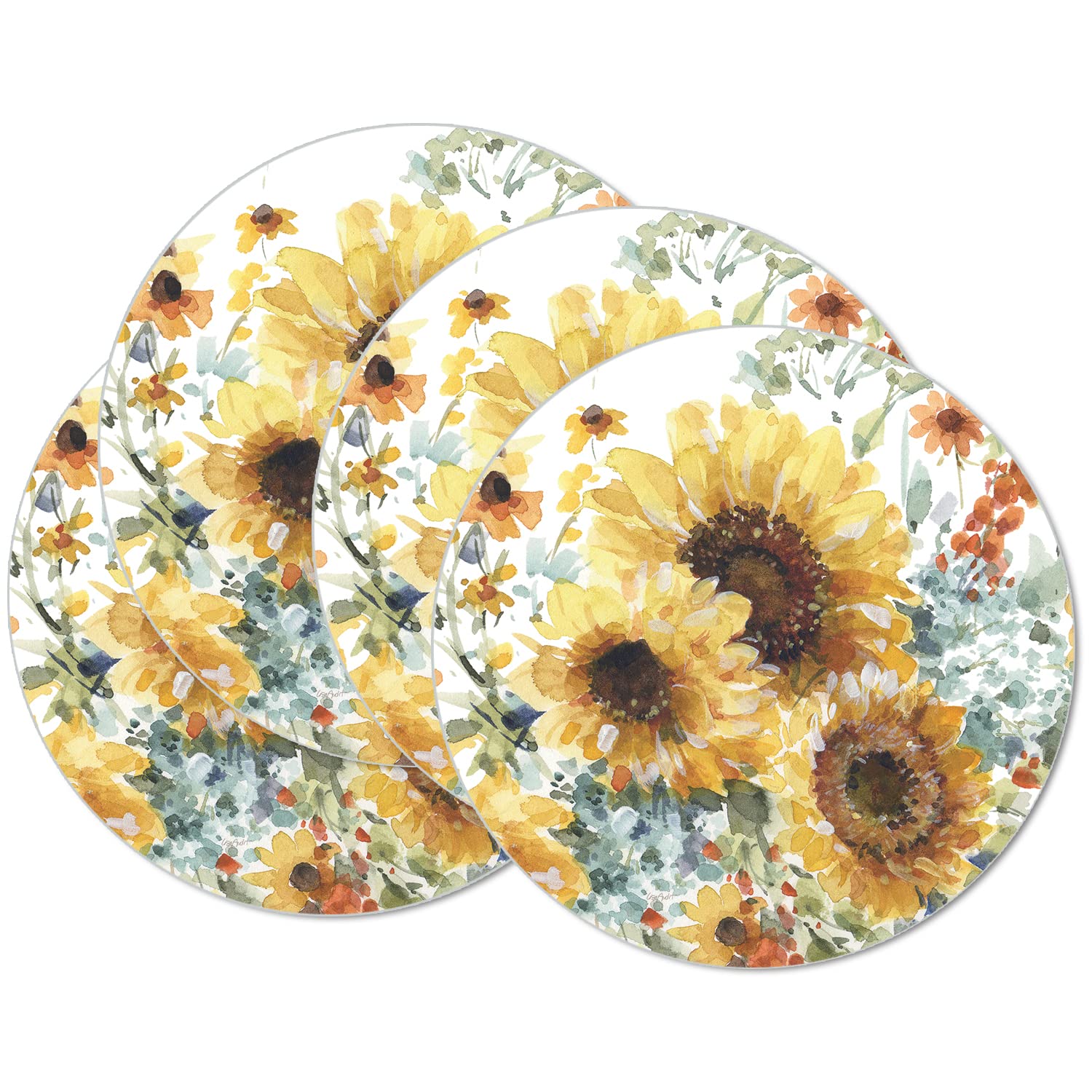 Counterart Sunflowers Forever 4 Pack Round Reversible Easy Care Flexible Plastic Placemats Made In The Usa Reversible Flexible E