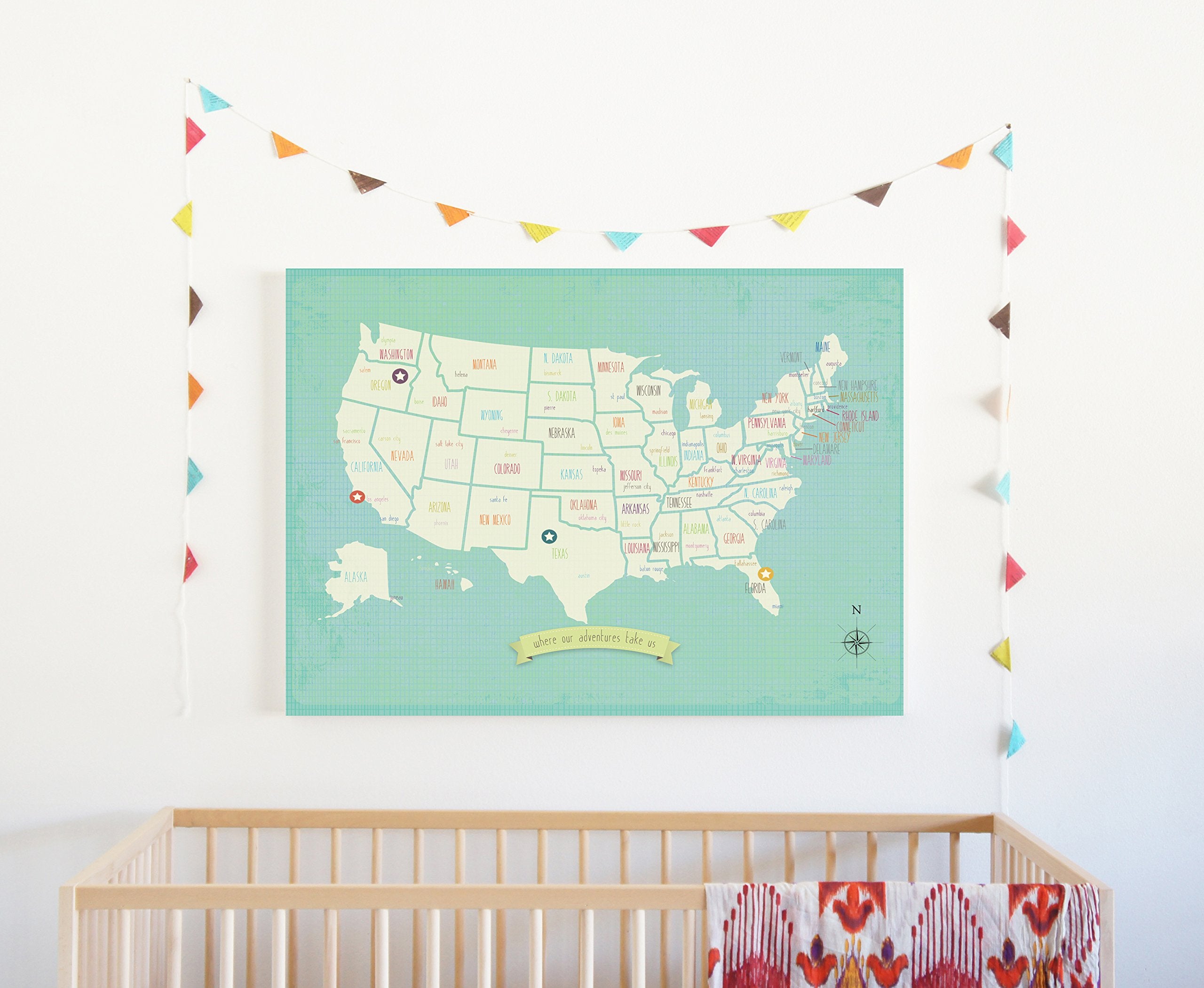 My Travels Personalized Usa Map, 24 X 18 Wall Art Print Poster, Bohemian Boho Nordic Style For Children Kids Toddlers Baby Newbo