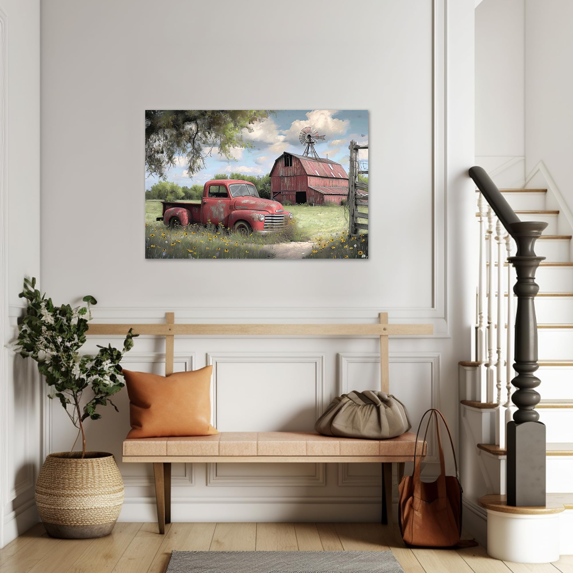 Farmhouse Truck Wall Art, Spring Canvas Prints, Old Pickup Truck & Windmill Pictures For Living Room Wall Decoration, Rustic Cou