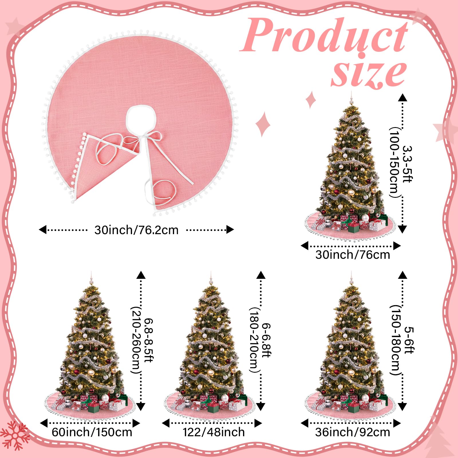 Syhood 30 Inch Christmas Tree Skirt Xmas Pink Linen Burlap Tree Skirt Base Cover with Pom Trim for Xmas Winter Home Decorations