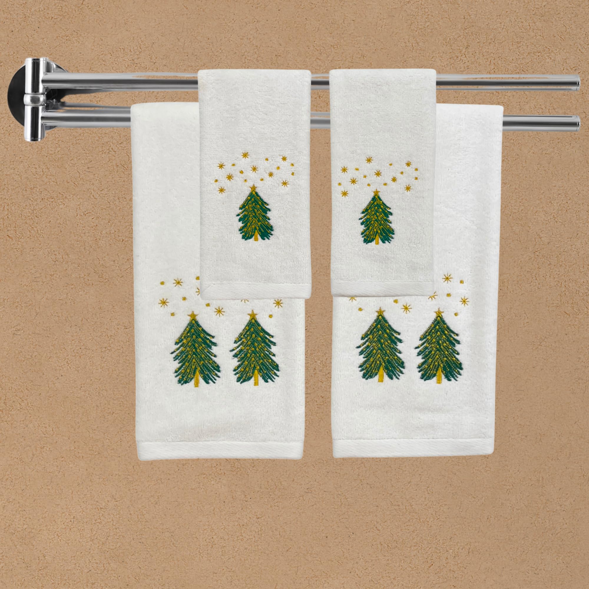 Luxury Holiday Christmas Fingertip Towel Set, Decorated Embroidered Rustic Holiday Tree Under The Stars, Velour Terry Cotton Whi