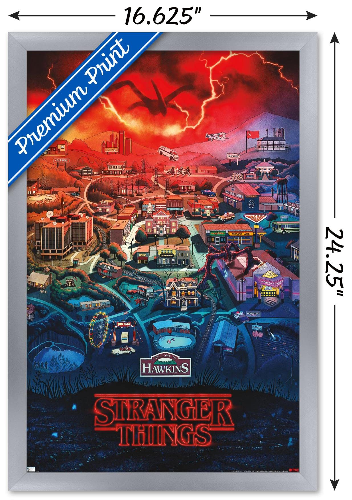 Trends International Netflix Stranger Things: Season 4 - Hawkins, Indiana Wall Poster, 14.725'' X 22.375'', Silver Framed Versio