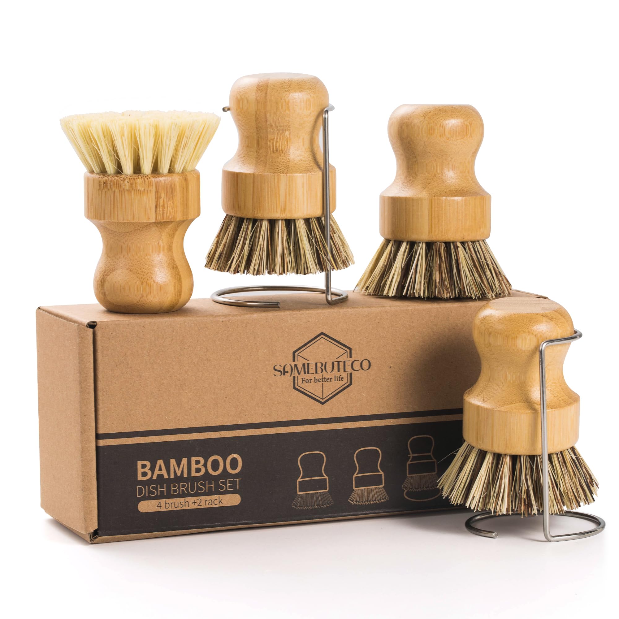 SAMEBUETCO 6Piece Bamboo Dish Brush Set with 2 Stainless Steel Drying Racks, 3 Mixed Fiber Pot Brushes & 1 Sisal Bristle Brush 