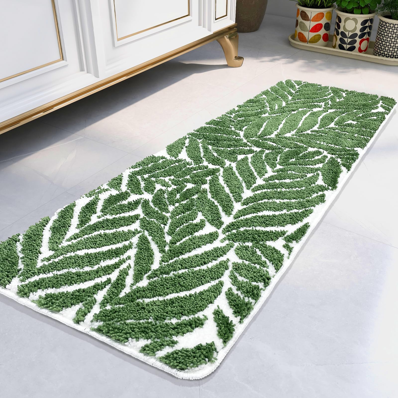 Homantic Bathroom Runner Rug - Non Slip Dark Green Long Bathroom Rug Long Bath Mat Leaf Bedroom Decor 47 Inches Rugs Water Absor
