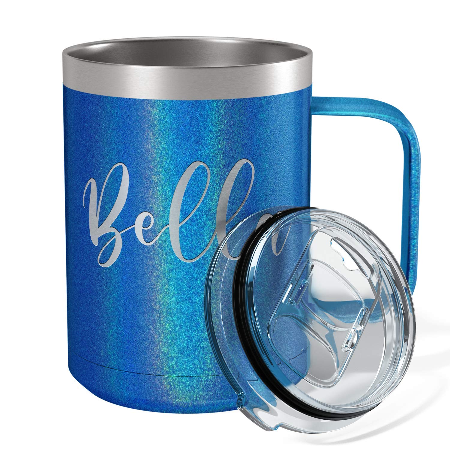 Personalized Coffee Mug Blue Glitter 15 Oz With Lid And Handle Custom Engraved Gift Stainless Steel Vacuum Insulated Cup