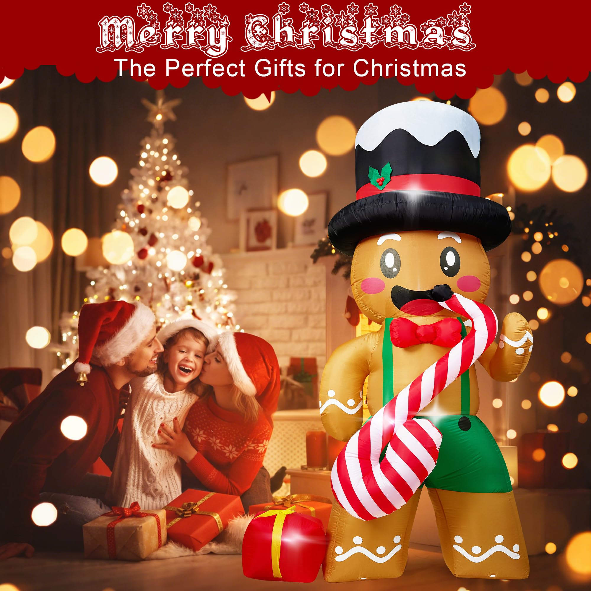 8 FT Christmas Inflatables Decorations with Built-in LEDs, Gingerbread Man Playing Candy Cane Saxophone Blow-Up Christmas Inflat