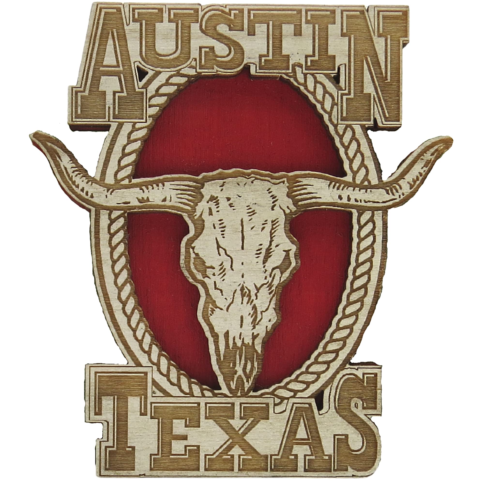 Wooden Austin Texas Bull Skull And Lasso Laser Cut Painted Magnet, Rustic State Souvenir Gifts Or Collectible Accessories For Re