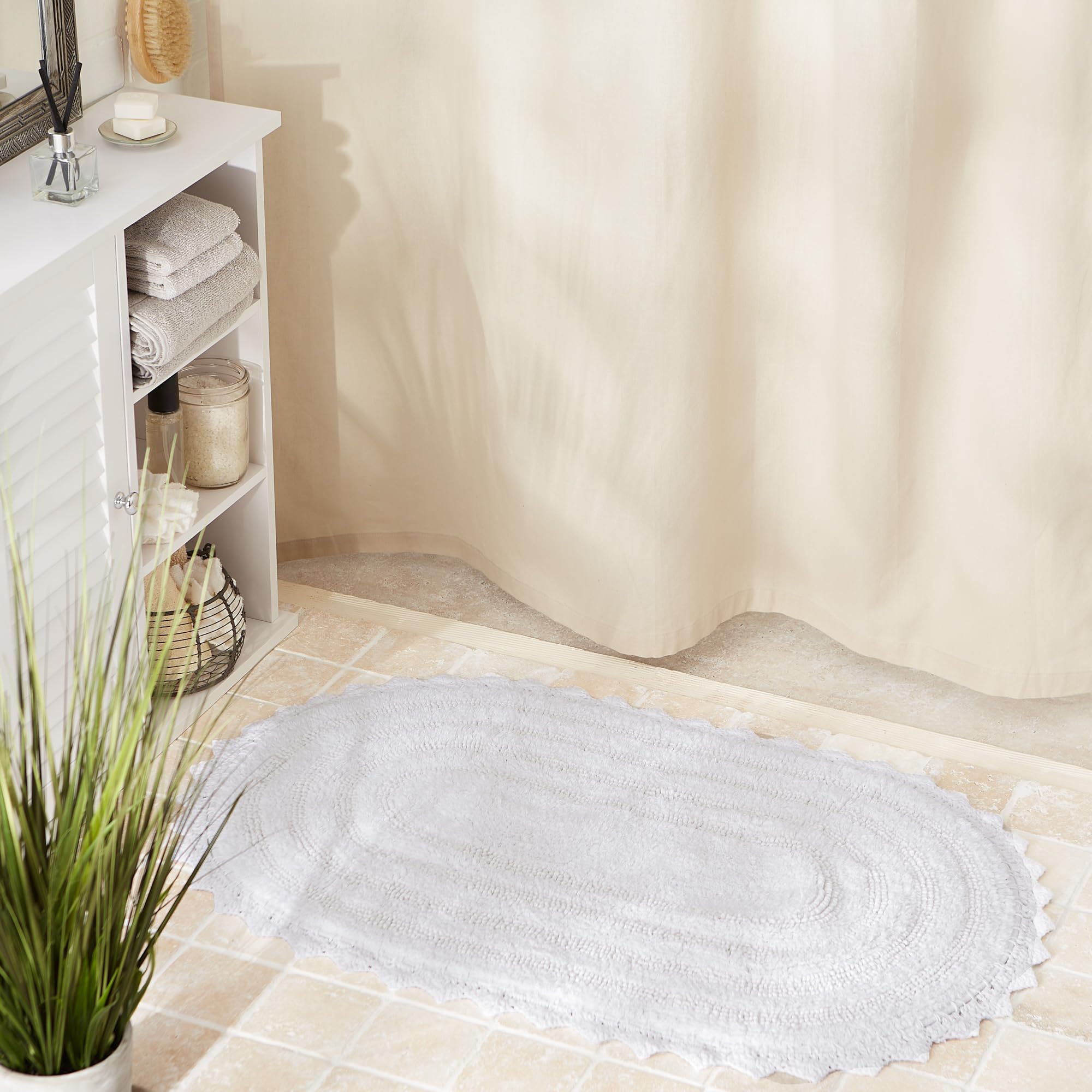 DII Crochet Collection Reversible Bath Mat  Small Oval  17x24  White