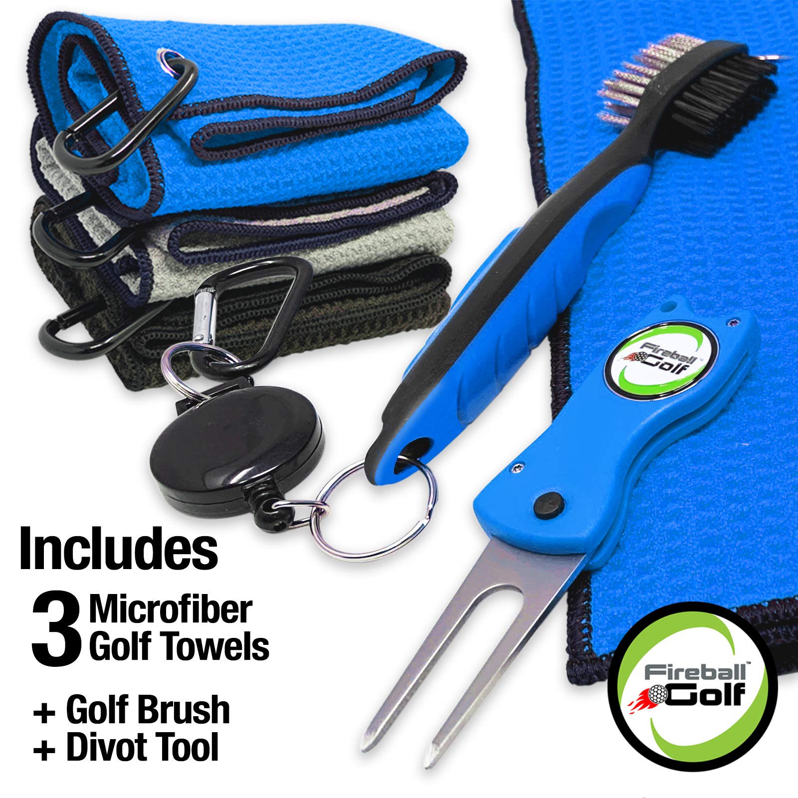 US Based Fireball Golf - Towel Gift and Accessories Set (blue  grey and black) - 3 golf towels  golf divot tool  ball marker  and golf cleaning brush  golf gifts for men  women  children