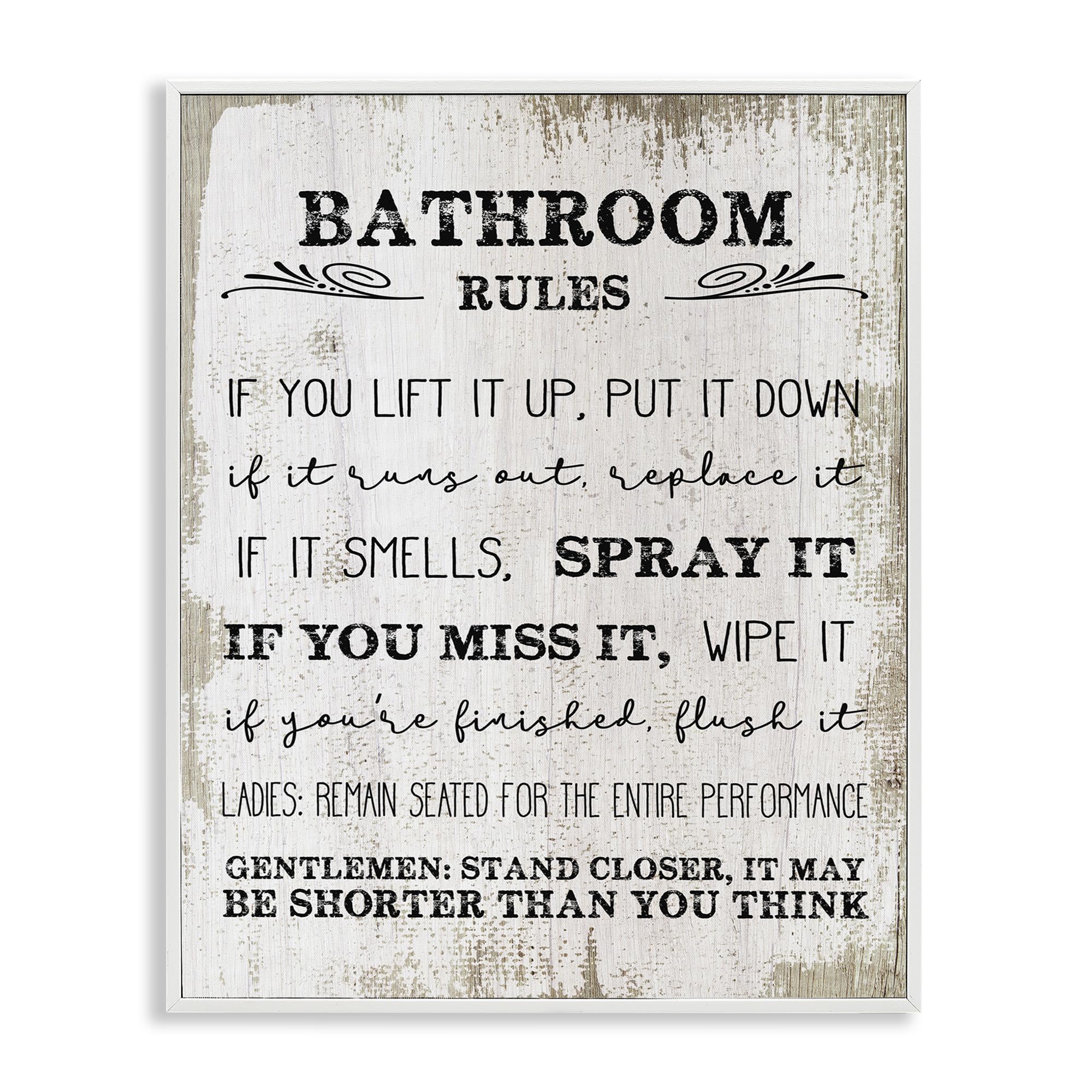 Stupell Industries Bathroom Rules Funny Word Wood Textured, Design By Daphne Polselli White Framed Wall Art, 24 X 30, Beige