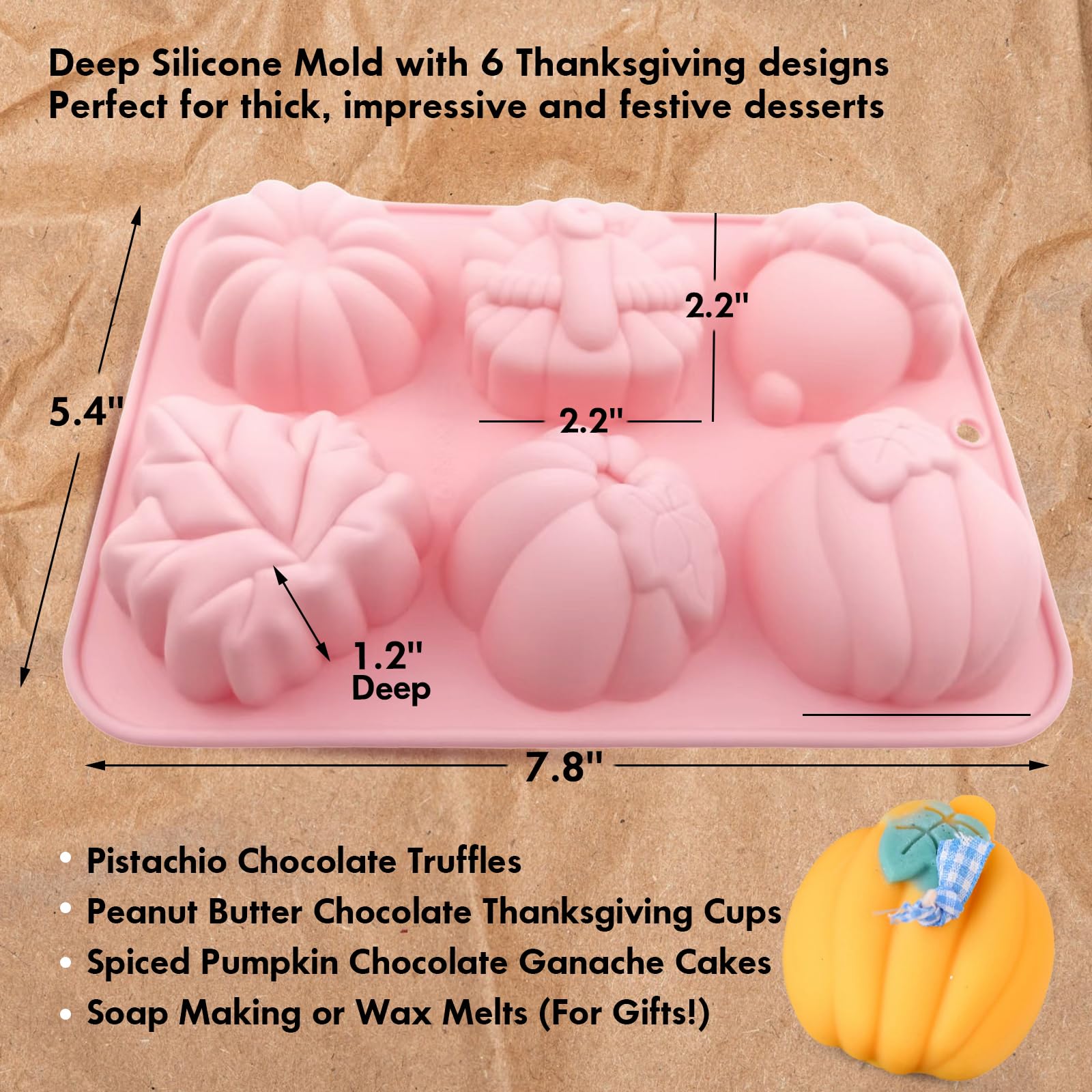 2-Pack Thick Thanksgiving Silicone Molds - 6-Cavity Non-Stick Fall Baking Molds with Turkey, Pumpkin, Pinecone, Leaves - DIY Cho
