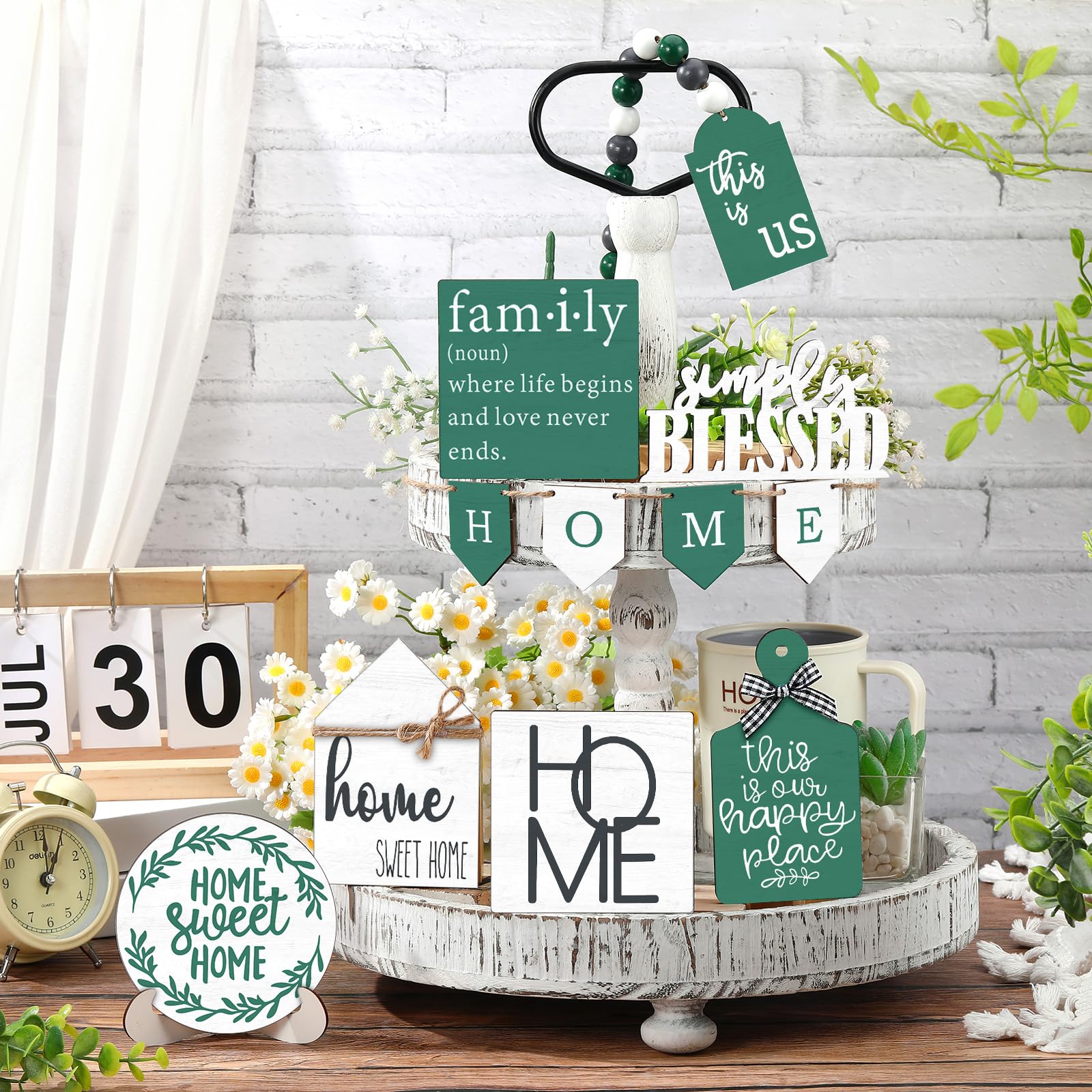 FairySandy Set of 11 Spring Farmhouse Tiered Tray Decor Rustic Spring Home Tiered Decorations Set Home Wooden Signs Green Farmho