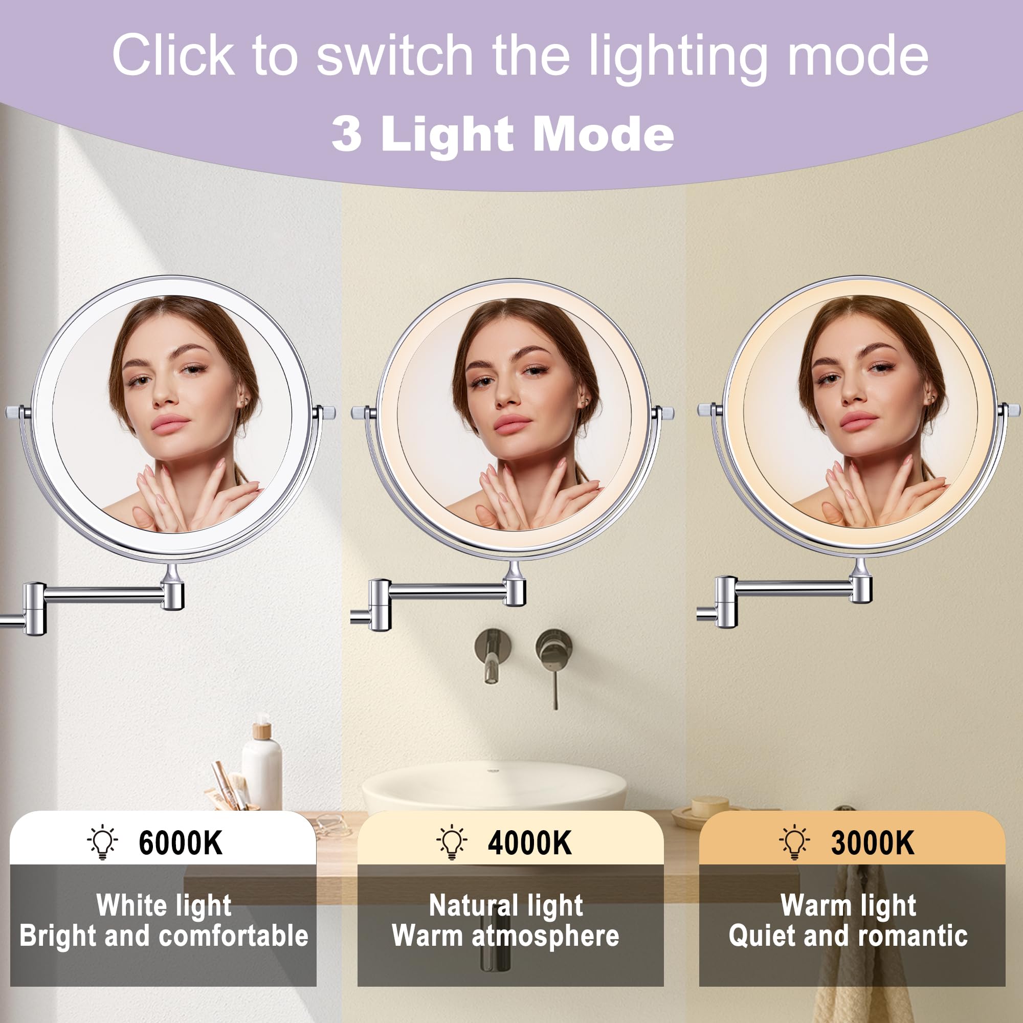 9 Inch Large Rechargeable Lighted Makeup Vanity Mirror Wall Mounted, 1X/10X Magnifying Mirror With Light For Bathroom 3000Mah Us