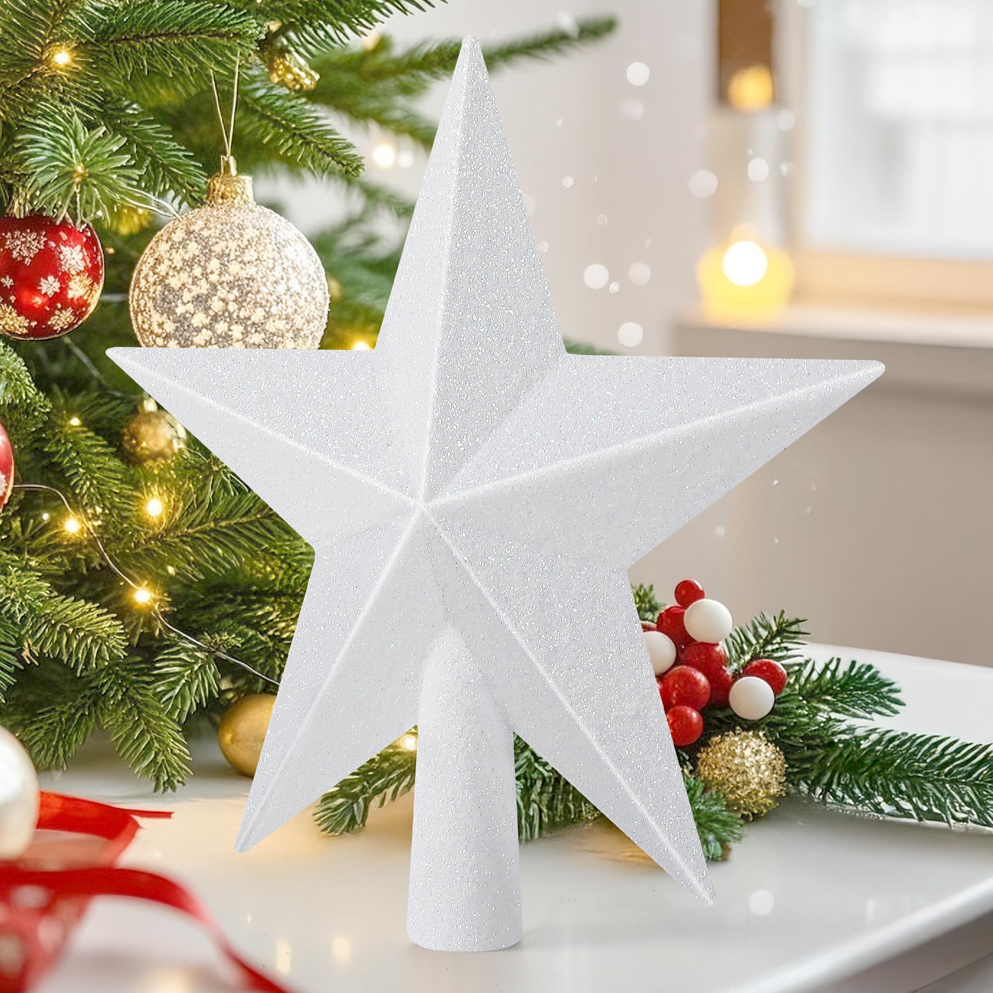 Star Tree Topper, 8 White Christmas Tee Topper Decorations, Glitter 3D Xmas Bethlehem Star Waterproof Shatter-Proof, Christmas T