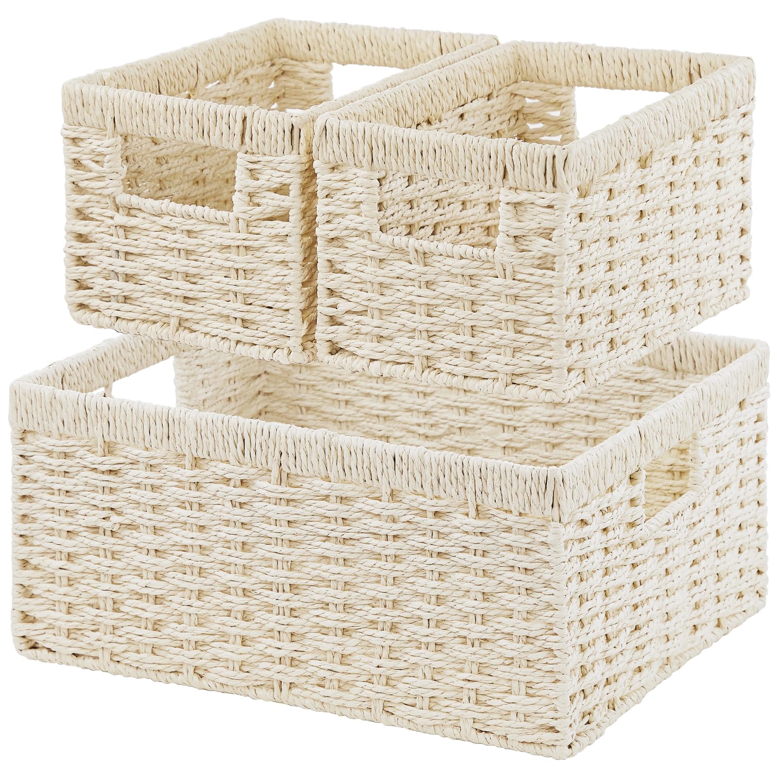 Vagusicc Wicker Storage Basket, Set Of 3 Wicker Basket, Hand-Woven Paper Rope Storage Baskets For Organizing, Large Cube Storage