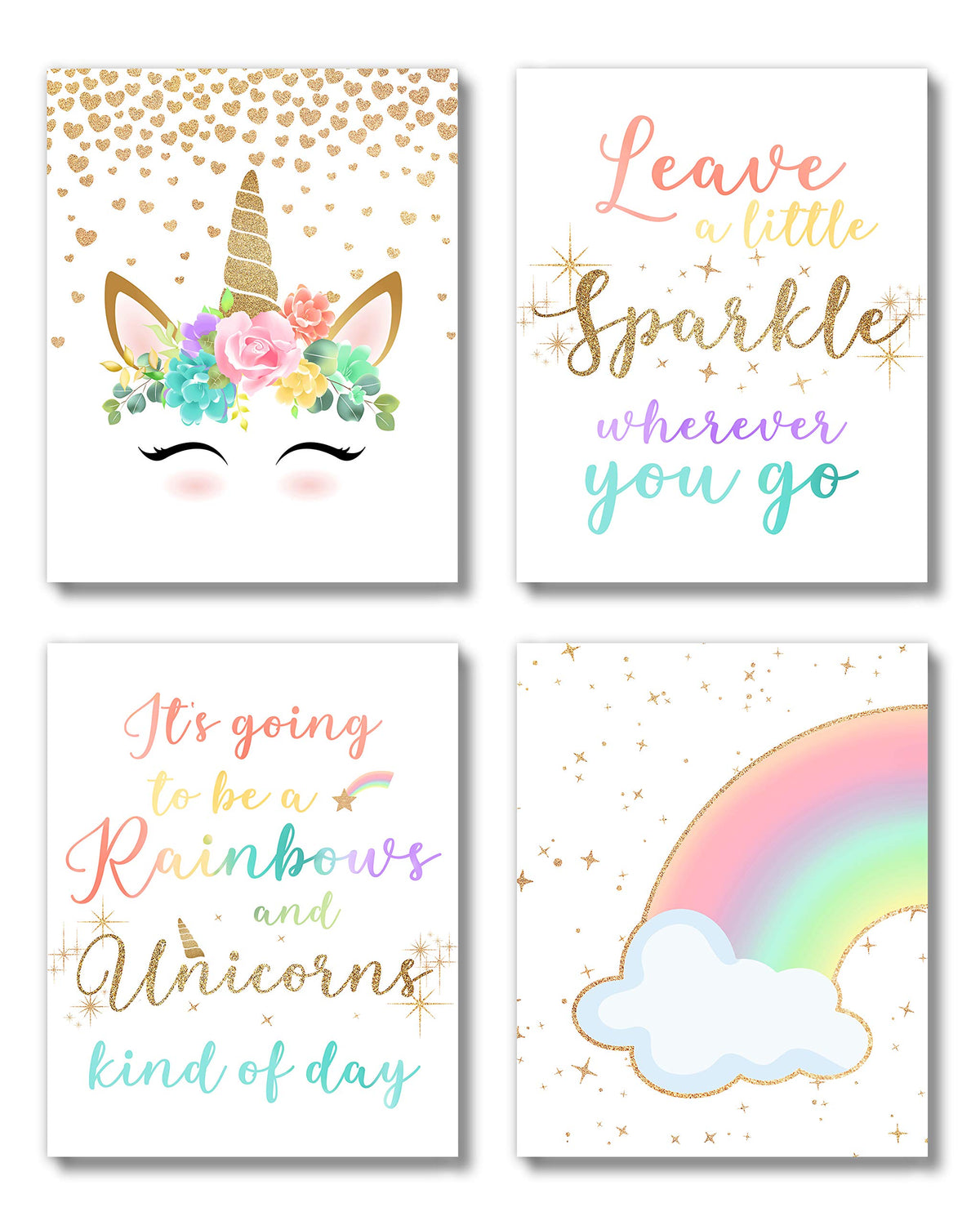 Brooke & Vine Unicorn Rainbow Girls Room Wall Decor Art Prints,(Unframed 8X10),Inspirational Kids Childrens Tween Posters For Ho