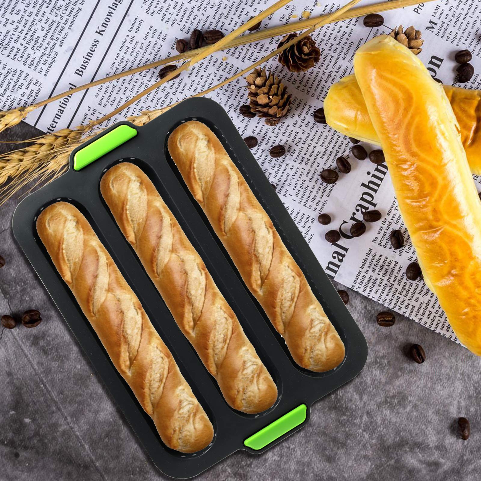 Topzea Set Of 2 Silicone Baguette Pan, Nonstick French Bread Bake Mold, 8 Gutter Perforated Ham Burger Buns Sandwich Rolls Pans,