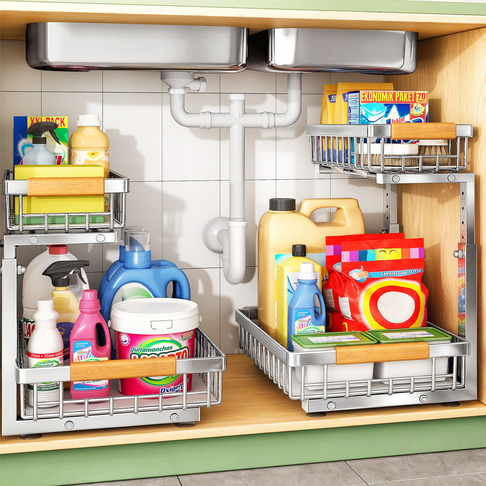 Under Sink Organizer, Stainless Steel 2 Packs 2 Tier Under Sink Organizers and Storage, Slide out Pull out Cabinet Shelf, Slidin