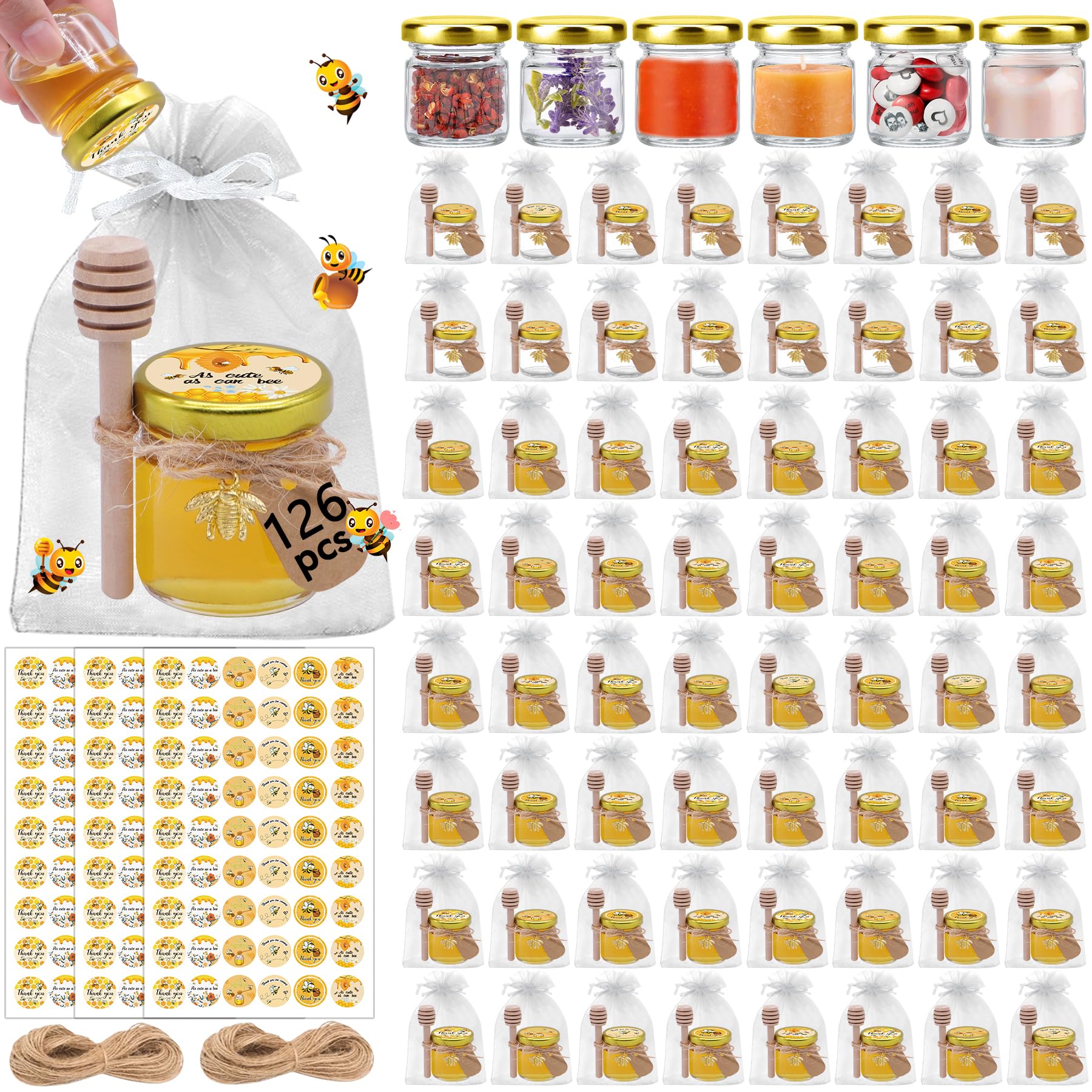 Aliggbent 126 Pack Mini Honey Jars for Party Favors in Bulk, 1.5 oz Small Round Glass Honey Jars with Dippers, Lids, Cute Sticke